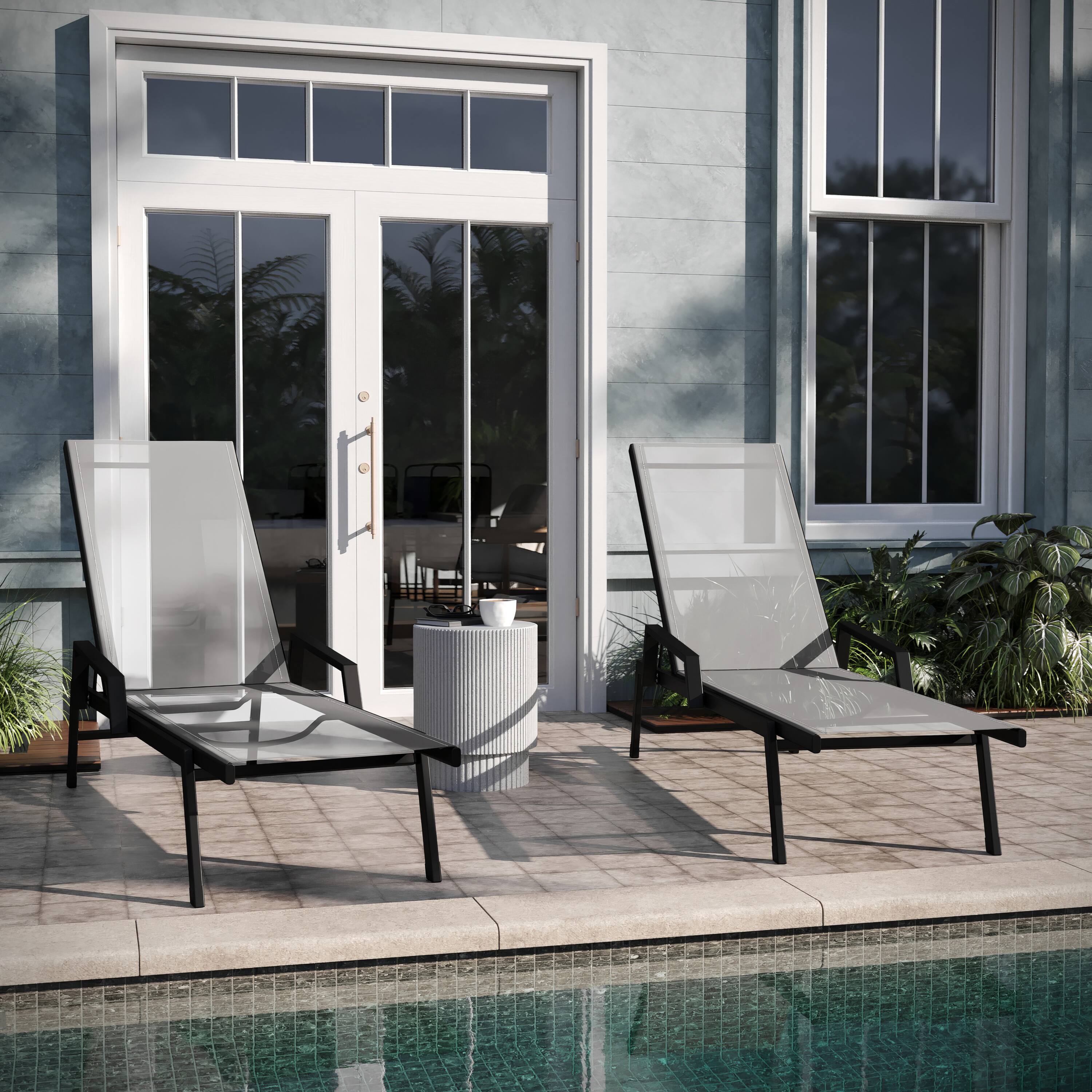Alt View 2. Emma + Oliver - Braelin Set of 2 Textilene Adjustable 5 Position Patio Chaise Lounge with Armrests and Metal Frame - Gray.