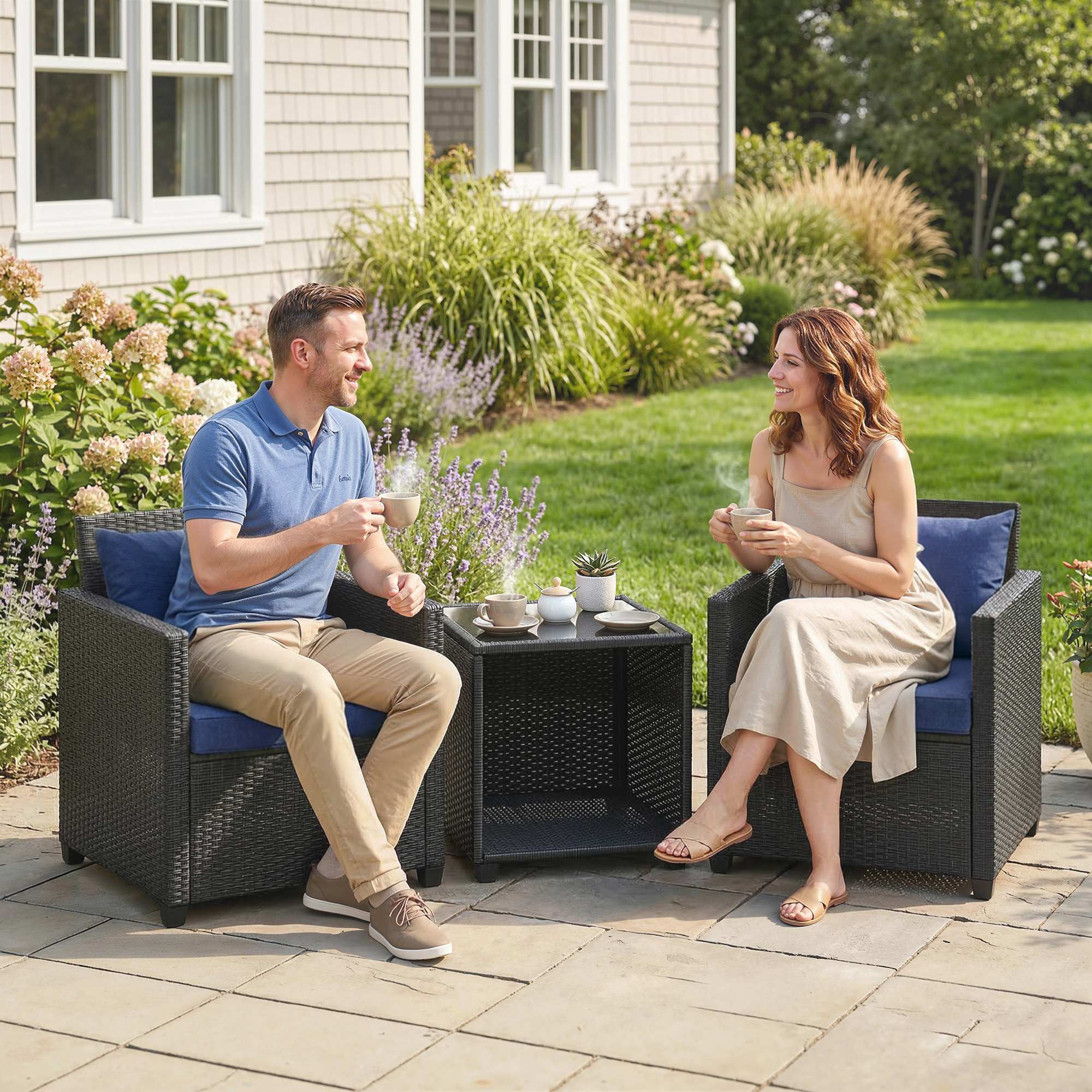 Alt View 8. Outsunny - Piece Patio Bistro Set, Wicker Furniture Set with Thick Cushions, Glass Coffee Table and Chairs for Garden - Dark Blue.