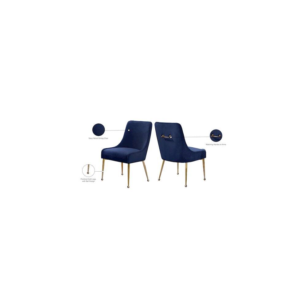 - Navy Velvet Upholstered Chair
- Matching Handle on Arm
- Polished Gold Legs with Wheel Casters