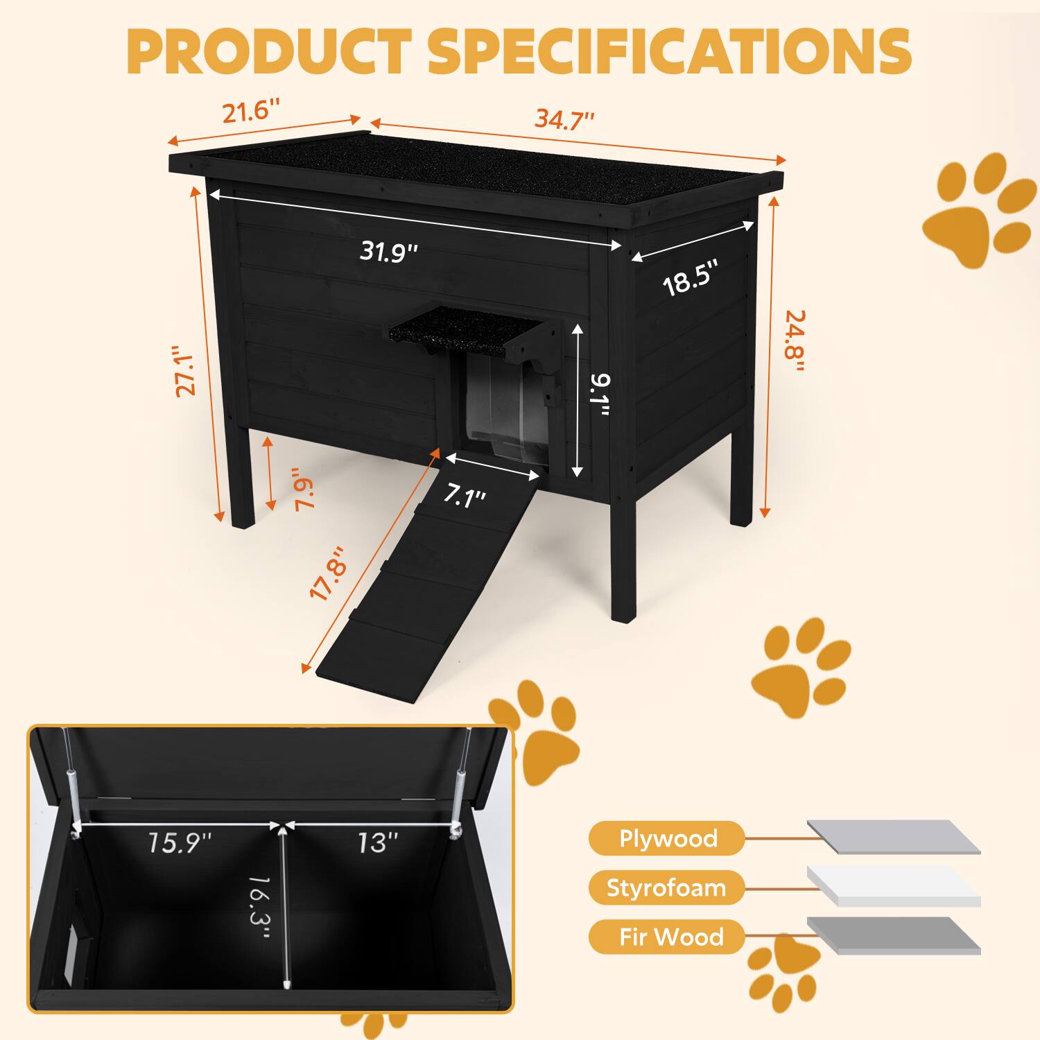 PRODUCT SPECIFICATIONS

- 21.6"
- 34.7"
- 27.1"
- 31.9"
- 9.1"
- 18.5"
- 24.8"
- 7.9"
- 17.8"
- 7.1"
- 15.9"
- 16.3"
- 13"

Materials:
- Plywood
- Styrofoam
- Fir Wood
