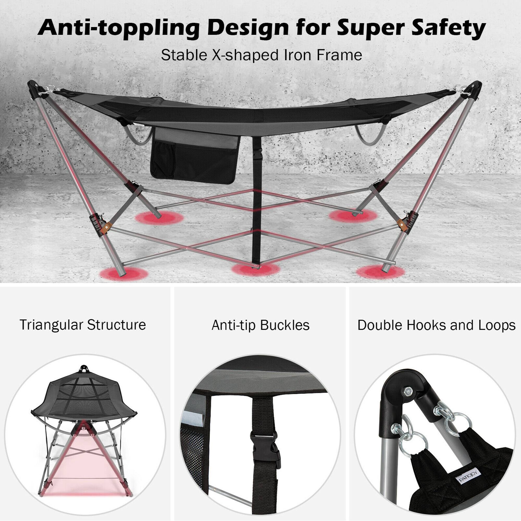 Anti-toppling Design for Super Safety  
Stable X-shaped Iron Frame  

Triangular Structure  
Anti-tip Buckles  
Double Hooks and Loops