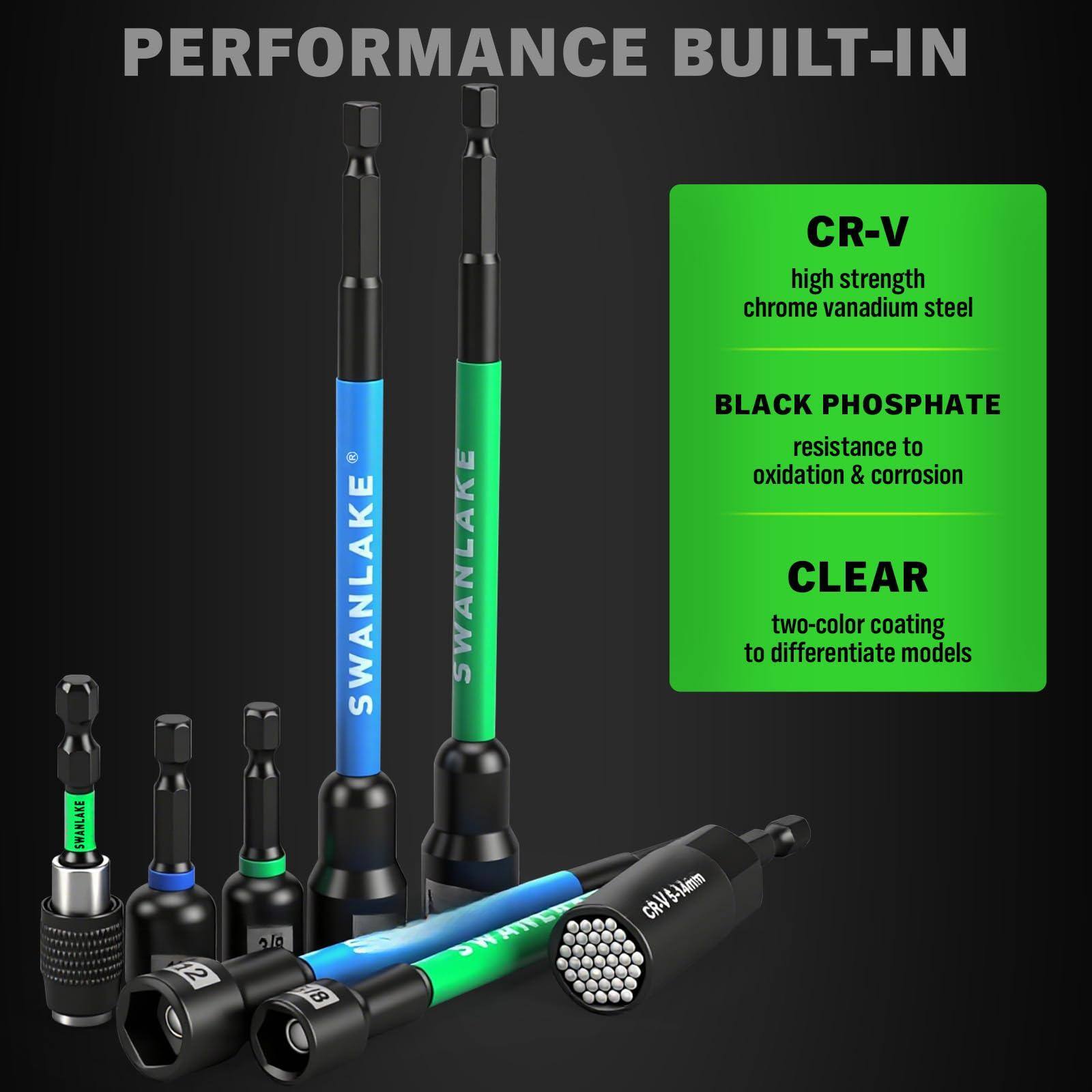 **PERFORMANCE BUILT-IN**

- **CR-V**
  - high strength chrome vanadium steel

- **BLACK PHOSPHATE**
  - resistance to oxidation & corrosion

- **CLEAR**
  - two-color coating to differentiate models

**SWANLAKE**
