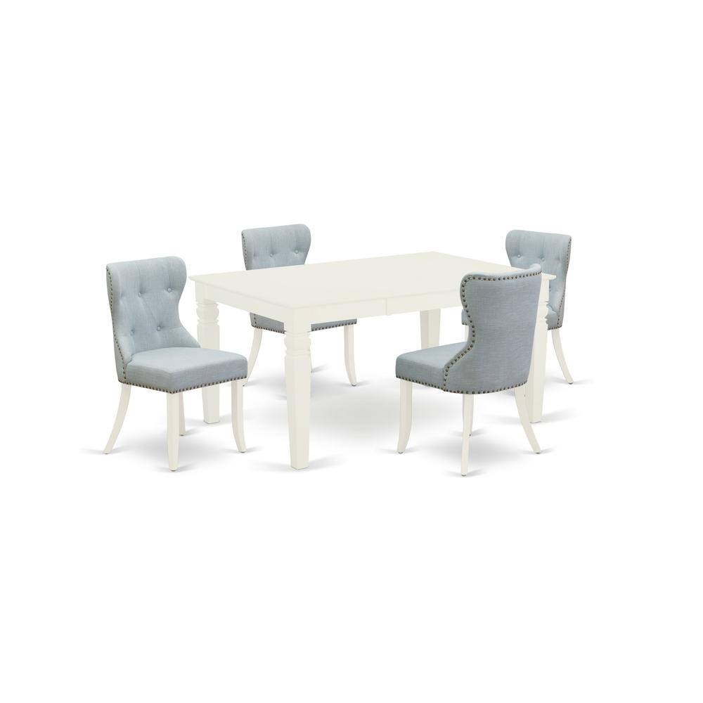 Left. East West Furniture - East-West Furniture WESI5-WHI-15 - A dining room table set of 4 fantastic parson chairs with Linen Fabric Baby Blue - Linen White.