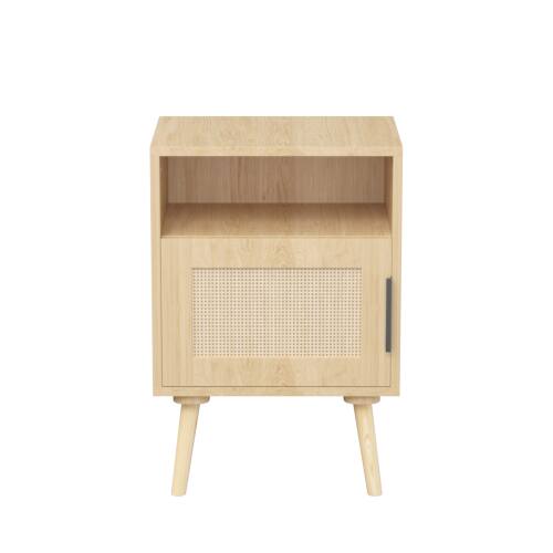 Alt View 6. LUCKY ONE - 22.83" Assembled Rattan Nightstand with Door Open Shelf Solid Wood Legs - Oak.