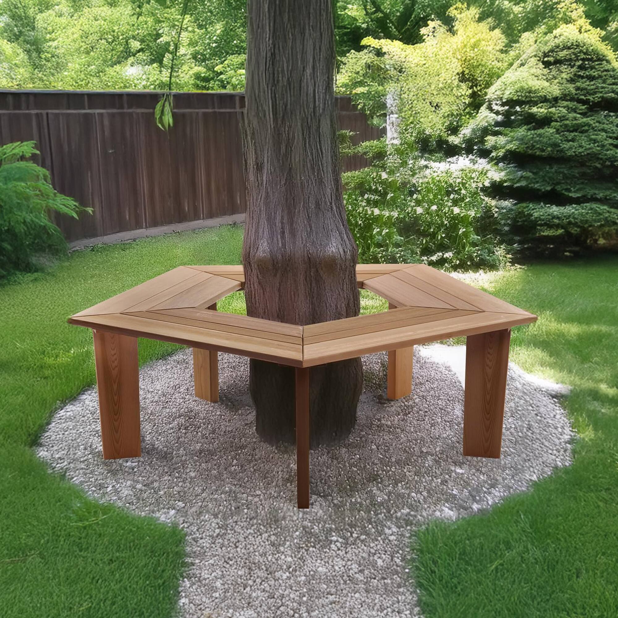 Alt View 5. All Things Cedar - All Things Cedar 52” Wood Tree Bench 5 Side Wrap Around Outdoor Seating, Natural - Natural.