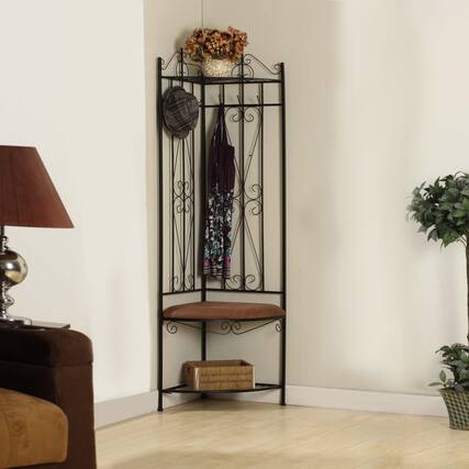 Front. Kings Brand Furniture - Kings Brand Furniture Black Metal Corner Entryway Hallway Rack with Bench & 6 Hooks - Black.