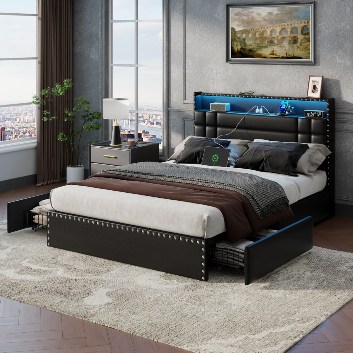 Furnulem - Bed Frame with 4 Storage Drawers PU Leather Headboard Charging Station LED Lights 2-Tier Shelf No Box Spring Needed - Black