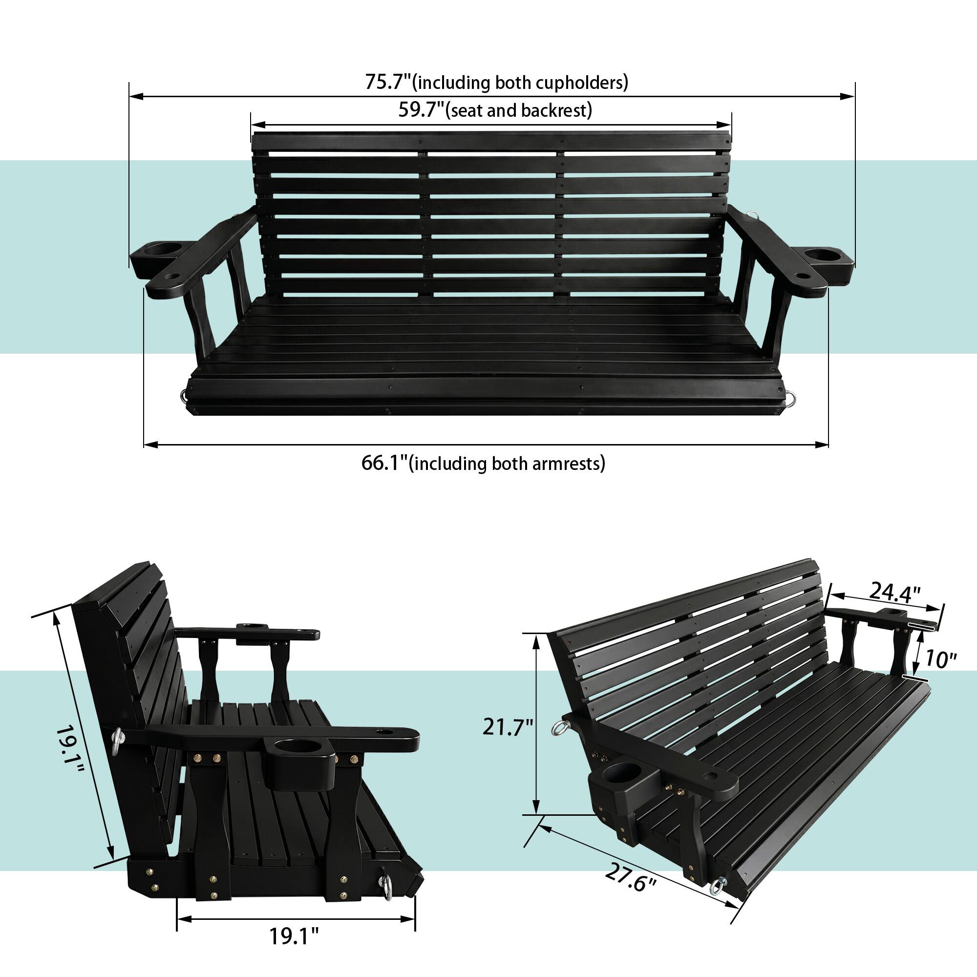 75.7" (including both cupholders)  
59.7" (seat and backrest)  
66.1" (including both armrests)  
24.4"  
19.1"  
19.1"  
21.7"  
27.6"  
10"