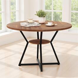 Pefilos - 47" Round Dining Table for 4 with Storage Shelf, Large Kitchen Table for Dining Room Living Room Restaurant, Sturdy Base - Brown