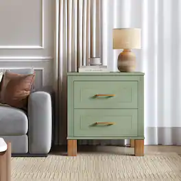 Loheer - 2 Drawer Nightstand, Fluted Design, Solid Wood Legs - Sage Green