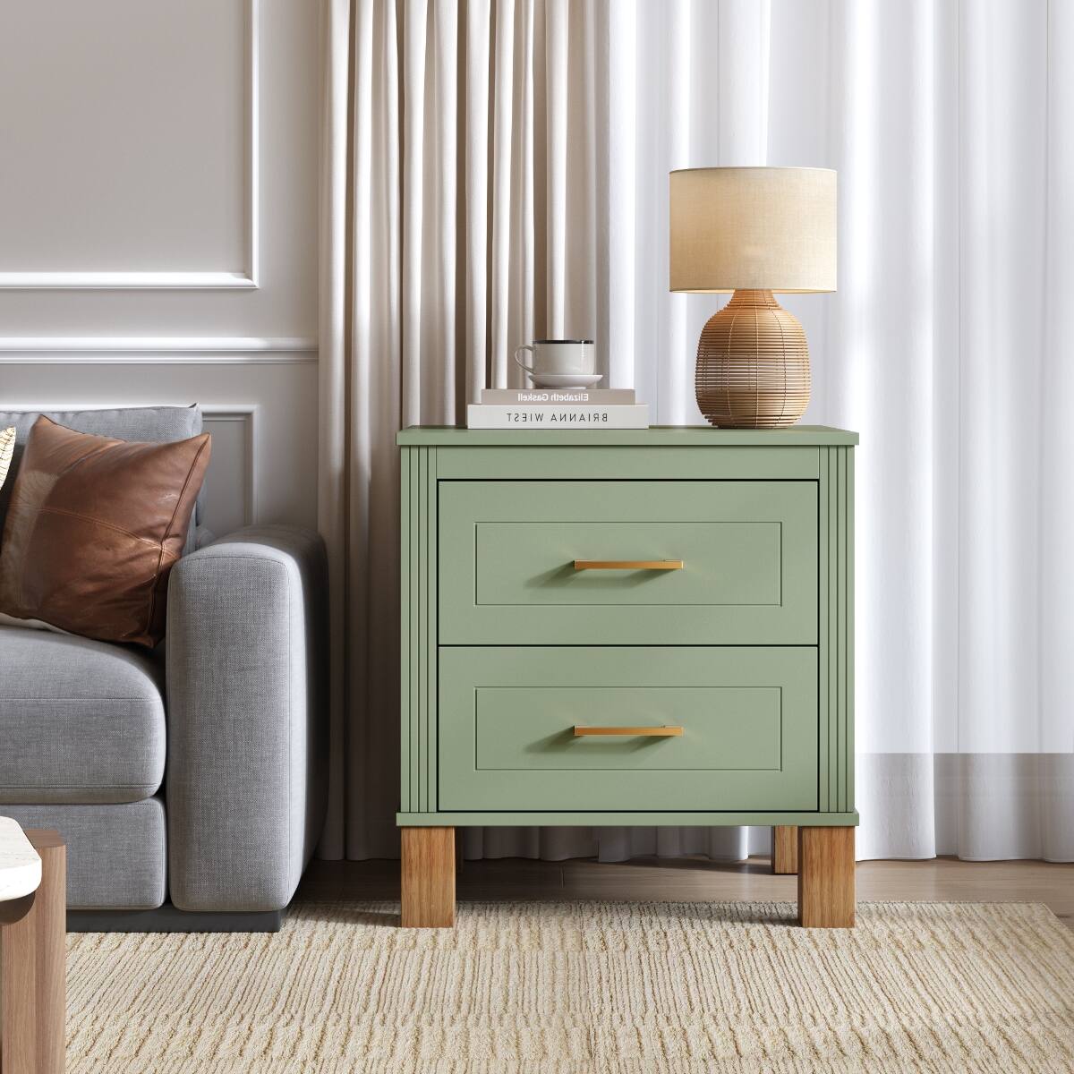 Loheer - 2 Drawer Nightstand, Fluted Design, Solid Wood Legs - Sage Green