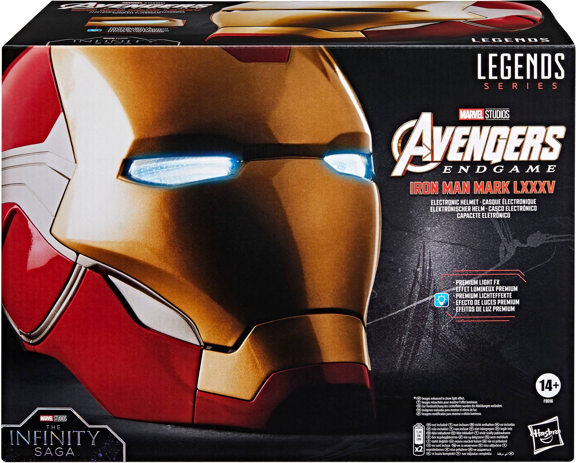 The text on the image reads "Premium Light FX Effecto De Luces Premium Marvel Legends Series The Infinity Saga Iron Man Mark LXXXV Electronic Helmet Casque Lectronique Capacete Elettronico Premium Light FX Effecto De Luces Premium Efeitos De Luz Premium Marvel LS The Infinity Saga".