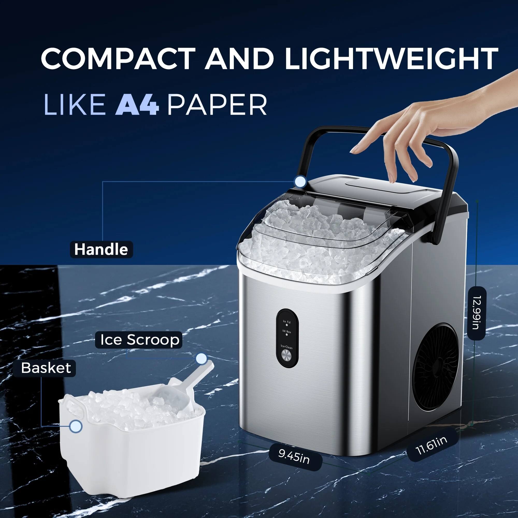 COMPACT AND LIGHTWEIGHT LIKE A4 PAPER. Handle Ice Scoop. Basket 9.45in x 11.6in x 12.99in.
