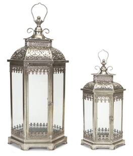 Melrose - Set of 2 Antique Style Decorative Glass Pillar Candle Lanterns 34" - Silver