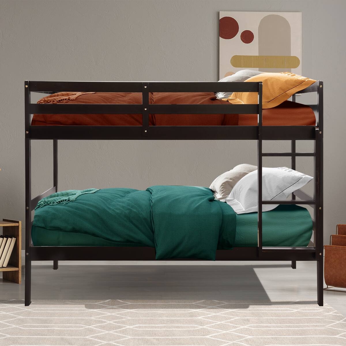 Alt View 7. Ecooso - Twin Size Sturdy Wooden Bunk Beds with Ladder and Safety Rail - Brown.