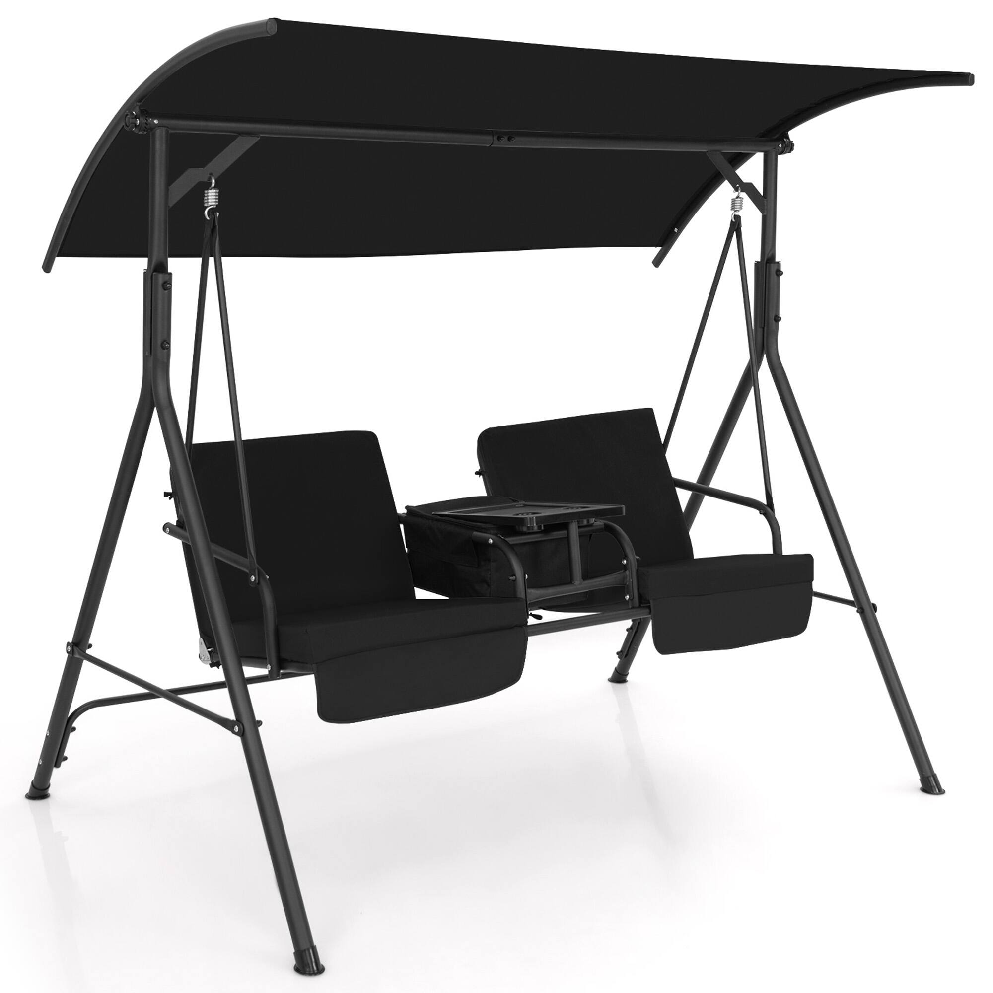 Alt View 1. Gymax - Gymax 2-Person Canopy Porch Swing Padded Chair Cooler Bag Rotatable Tray Black - Black.