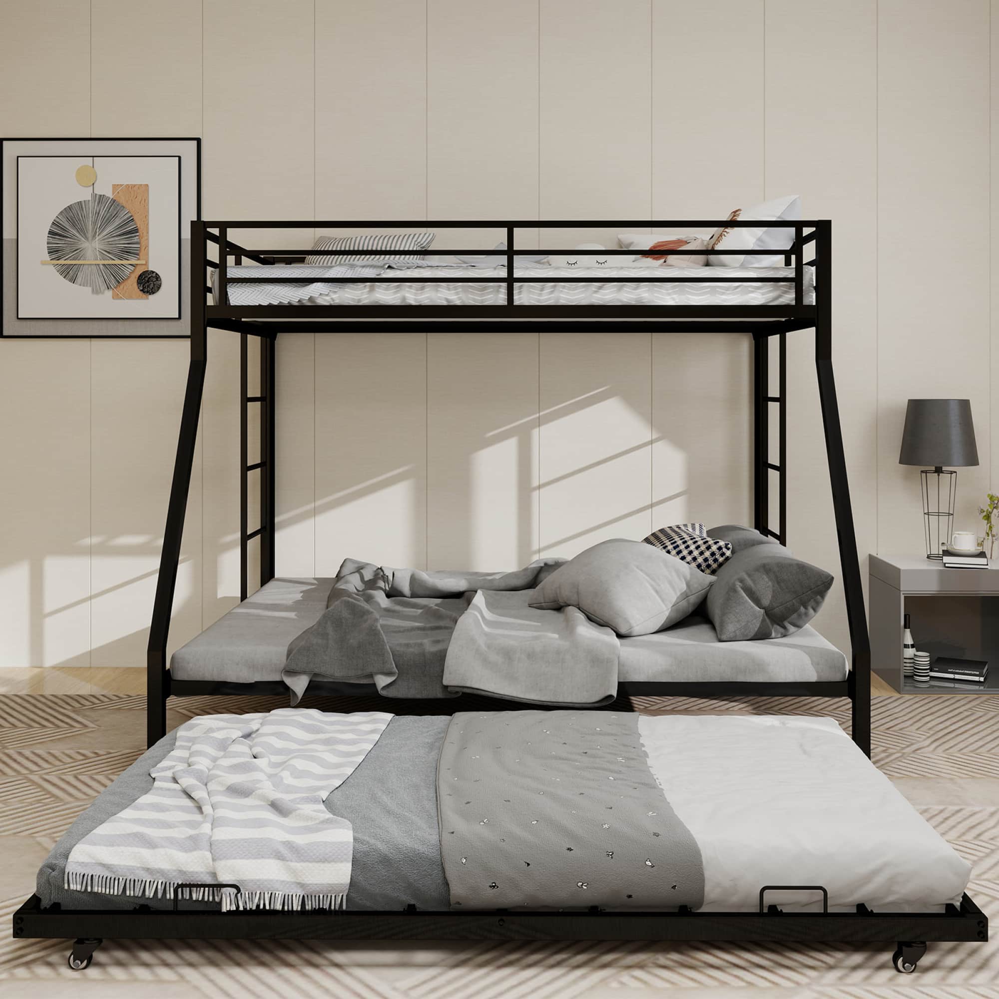GOODSILO - Full Size Square Tube Triple Sleeper Bunk Bed with Pull-Out Trundle and Ladder for Space Saving - Black