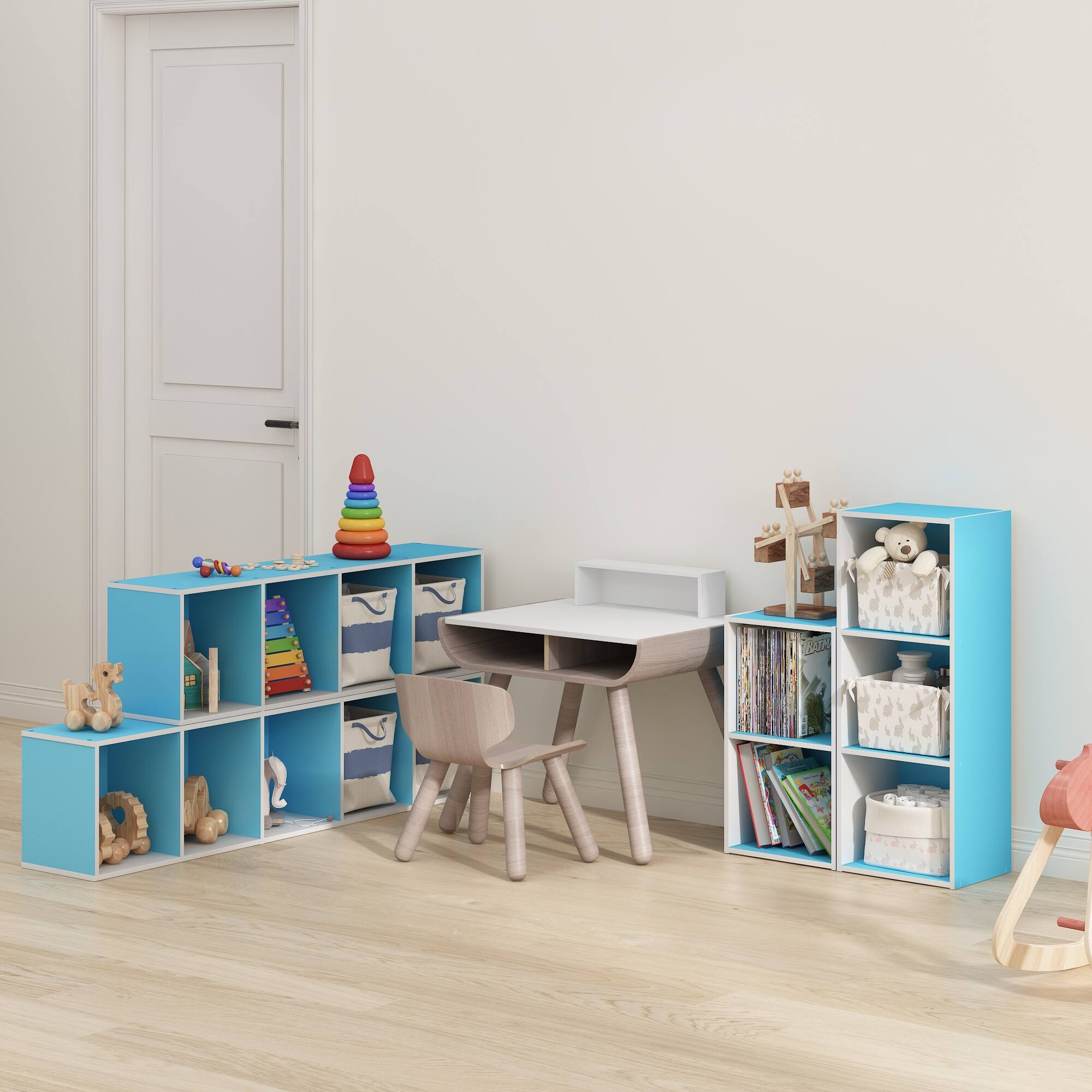 Alt View 4. Furinno - Pasir 5-Tier Open Shelf Bookcase - Light Blue/White.