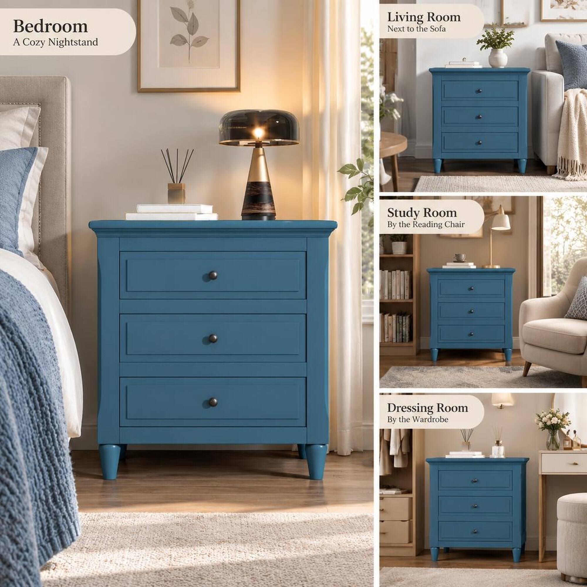 Bedroom: A Cozy Nightstand  
Living Room: Next to the Sofa  
Study Room: By the Reading Chair  
Dressing Room: By the Wardrobe