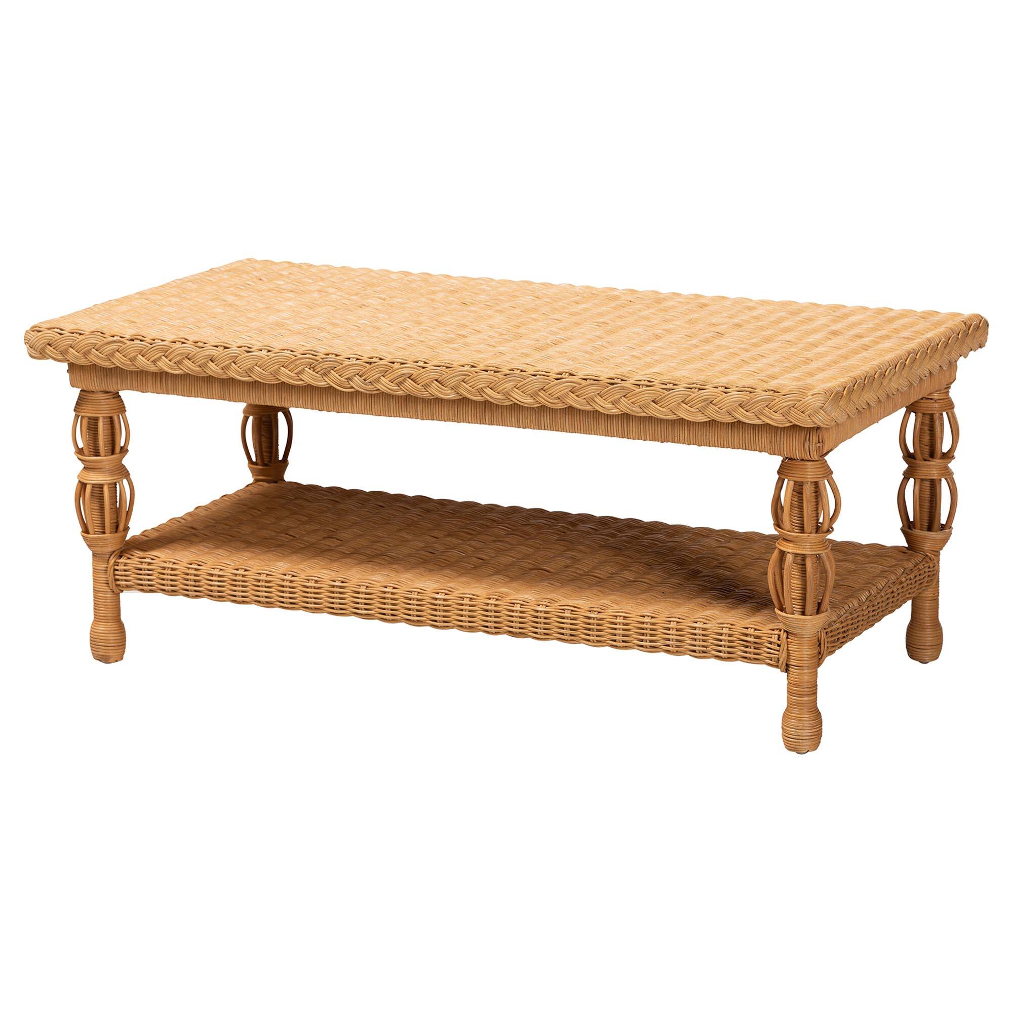 bali & pari - Dolby Natural Rattan Coffee Table - Handwoven Wicker Accent Table with Lower Shelf, Coastal Boho - Light Honey
