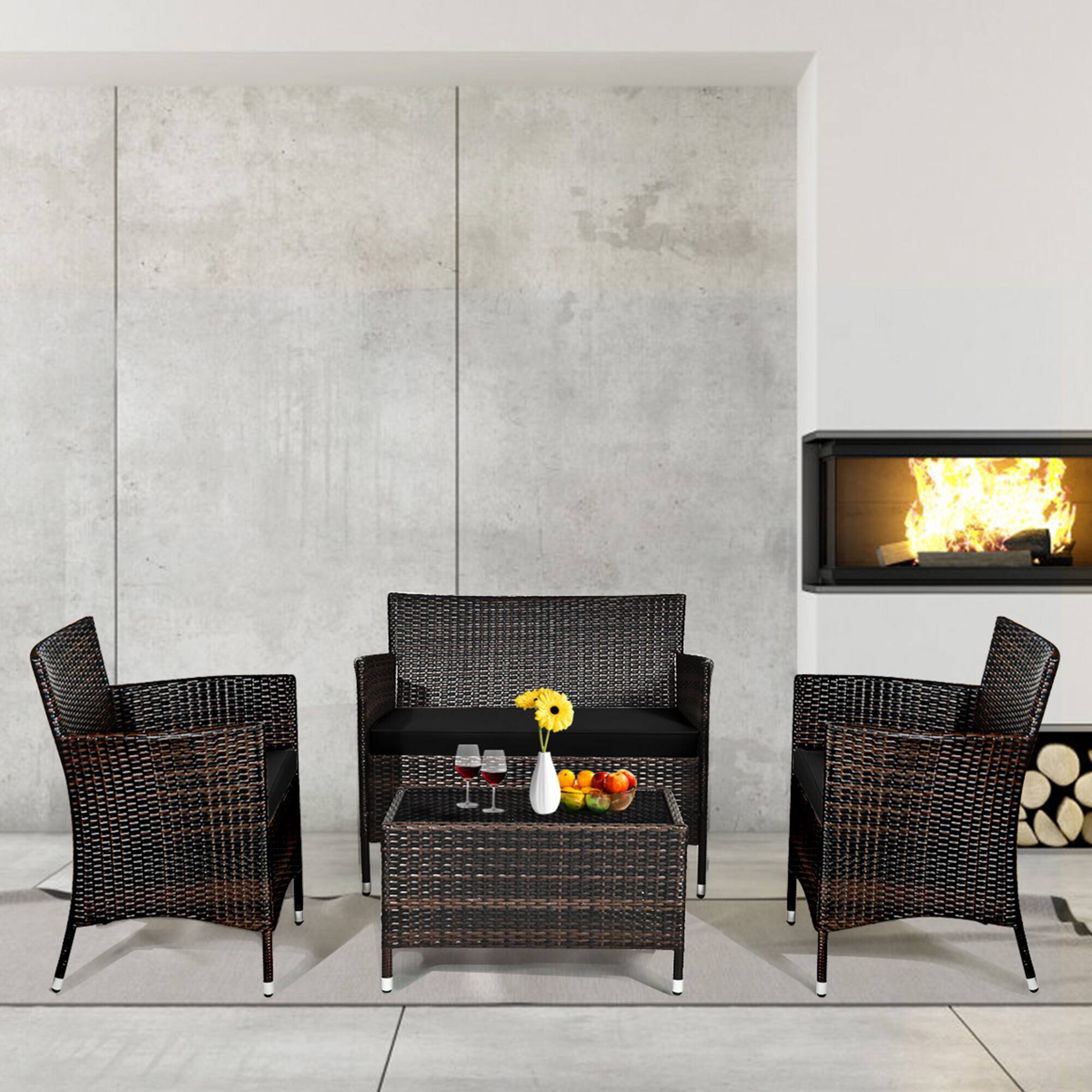 Alt View 9. Gymax - Gymax 4PCS Patio Rattan Conversation Furniture Set Outdoor w/ Black Cushion - Black.