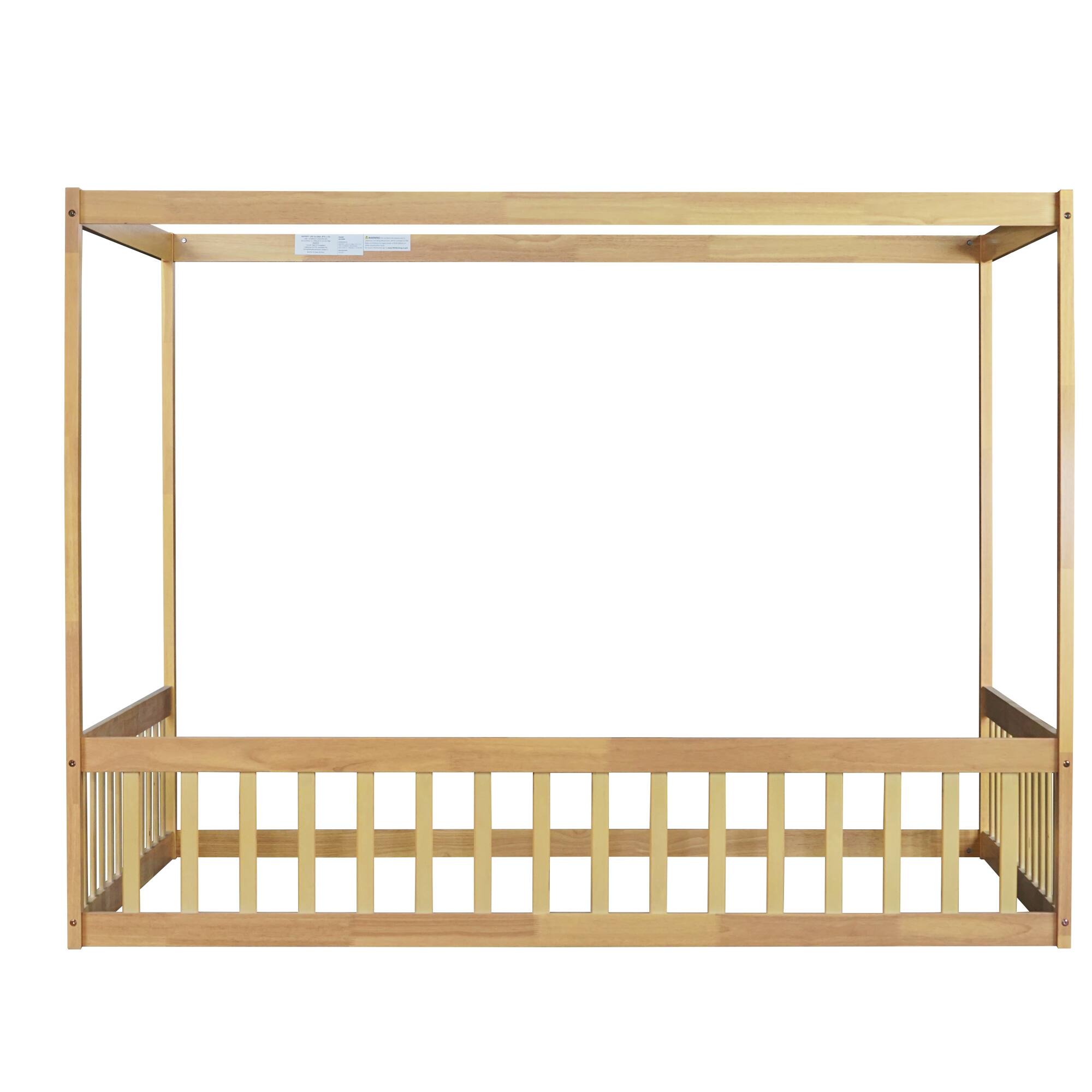 Alt View 9. GOODSILO - Full Size Canopy Frame Floor Bed with Safety Guardrails - Natural.