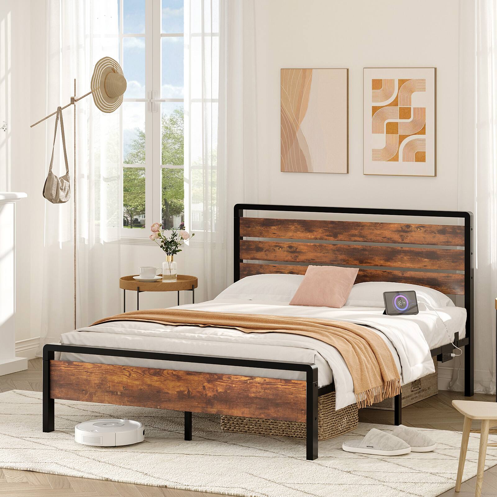 Alt View 9. Winado - Full Size Platform Bed Frame with LED Headboard, USB Charging Station, Metal Panel Bed with 12" Under Bed Storage Space - Industrial Brown.