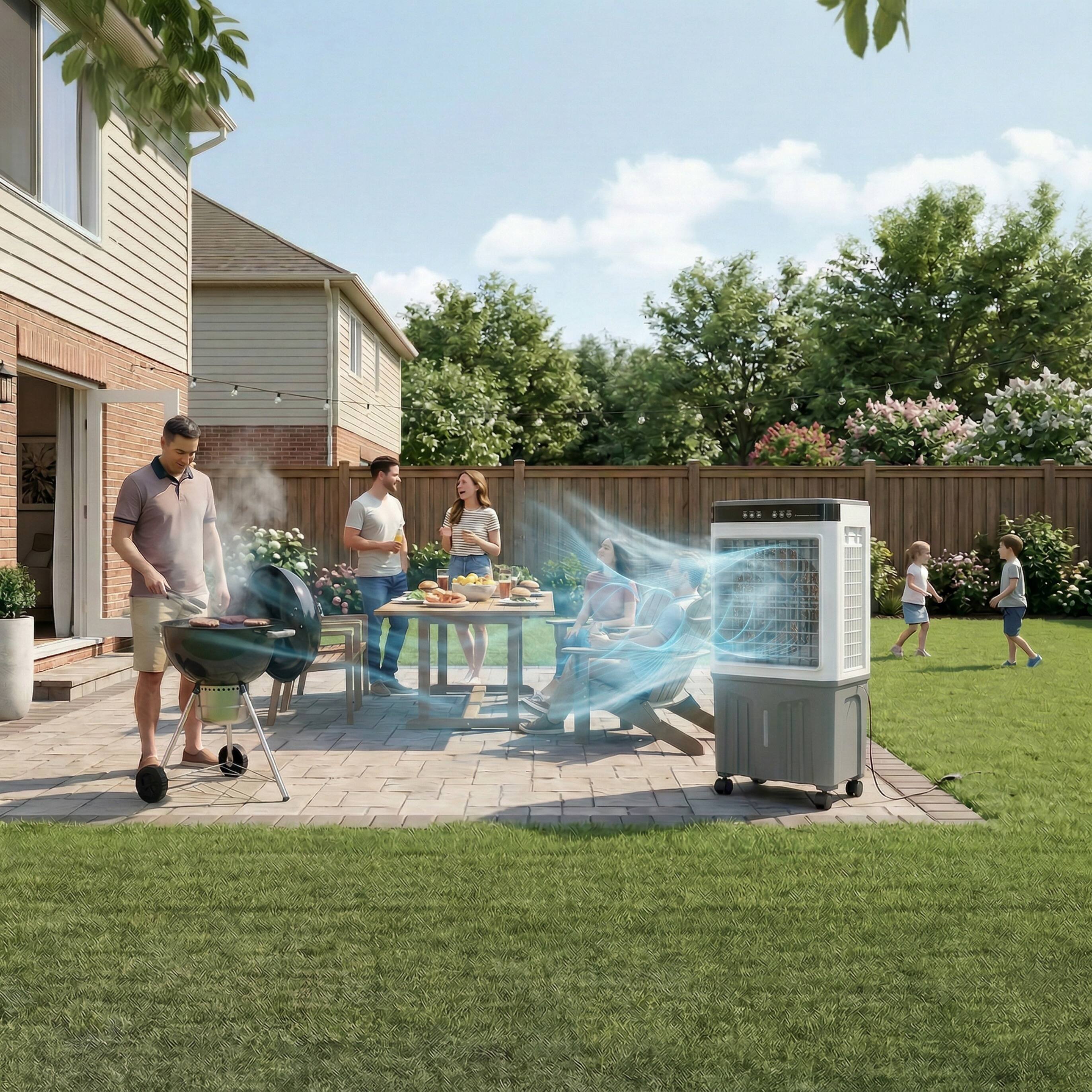 The text in the image reads:

"Keep your backyard cool with the Luma Outdoor Portable Air Conditioner."