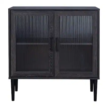 Front. CorLiving - CorLiving Ethan Engineered Wood Compact Sideboard with 2 Fluted Glass Doors and 2 Internal Shelves - Distressed Dark Grey.