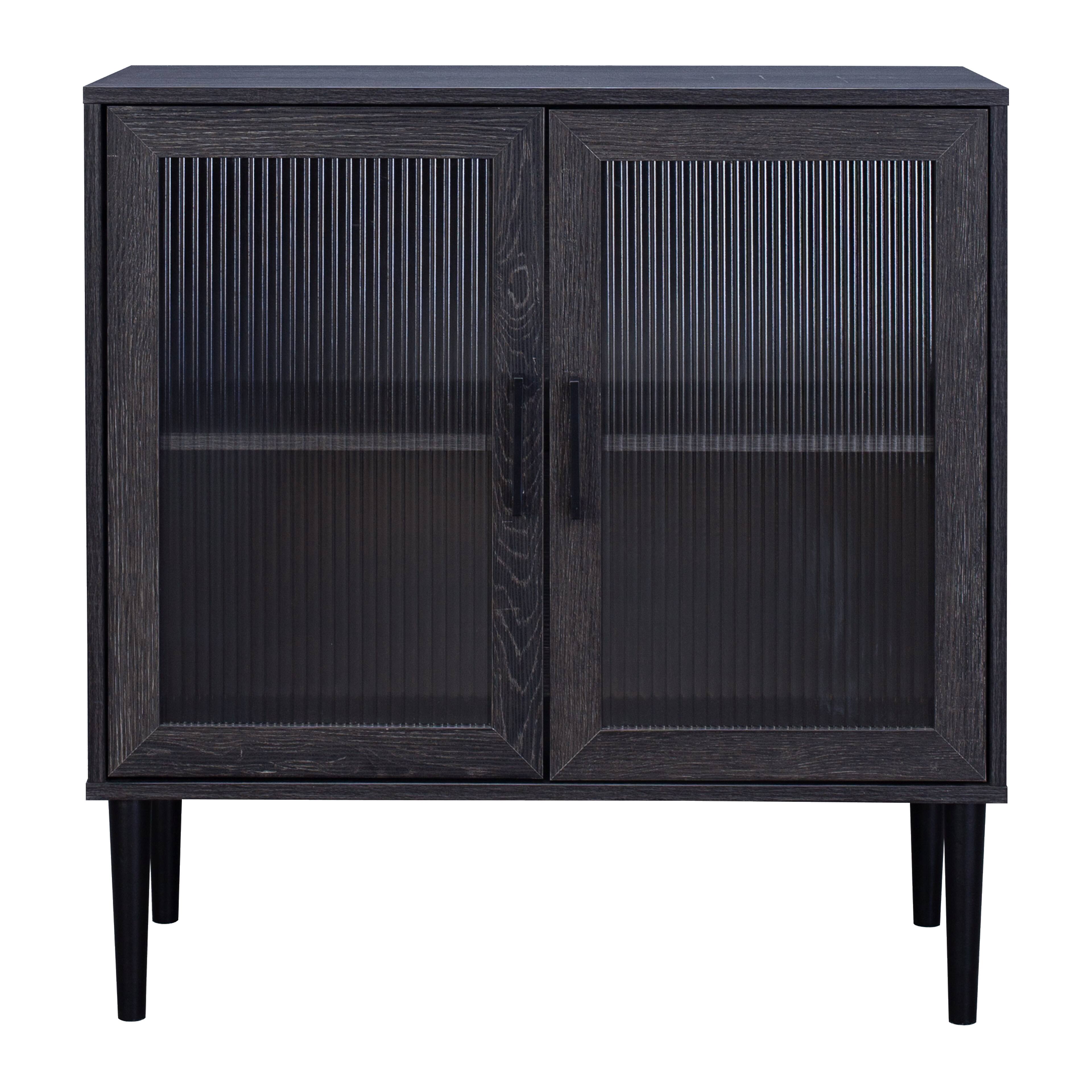 Front. CorLiving - CorLiving Ethan Engineered Wood Compact Sideboard with 2 Fluted Glass Doors and 2 Internal Shelves - Distressed Dark Grey.