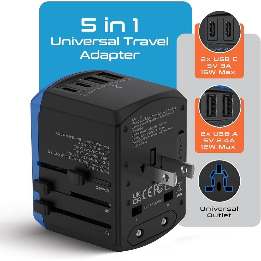 5 in 1 Universal Travel Adapter

- Type-C, USB C
  - 2x USB C
  - 5V 3A
  - 15W Max

- 2x USB A
  - 5V 2.4A
  - 12W Max

- Universal Outlet

CAUTION: Voltage conversion, No grounding. Do not use with AC-AC appliances requiring earth. Do not use with liquid or moisture. Do not expose to direct sunlight. Keep away from children. Made in China.

- UK CEFC
- Patent Protected

- 5V/2A
- 5V/2A
- 5V/2A
- 5V/2A
- 5V/2A

- 230V~ 50/60Hz
- Max Power: 880W
- Max Current: 8A

- Type-C
- USB
- USB
- USB
- USB

- Universal Outlet

- 2x USB C
- 2x USB A

- 15W Max
- 12W Max

- Universal Travel Adapter

- 5 in 1

