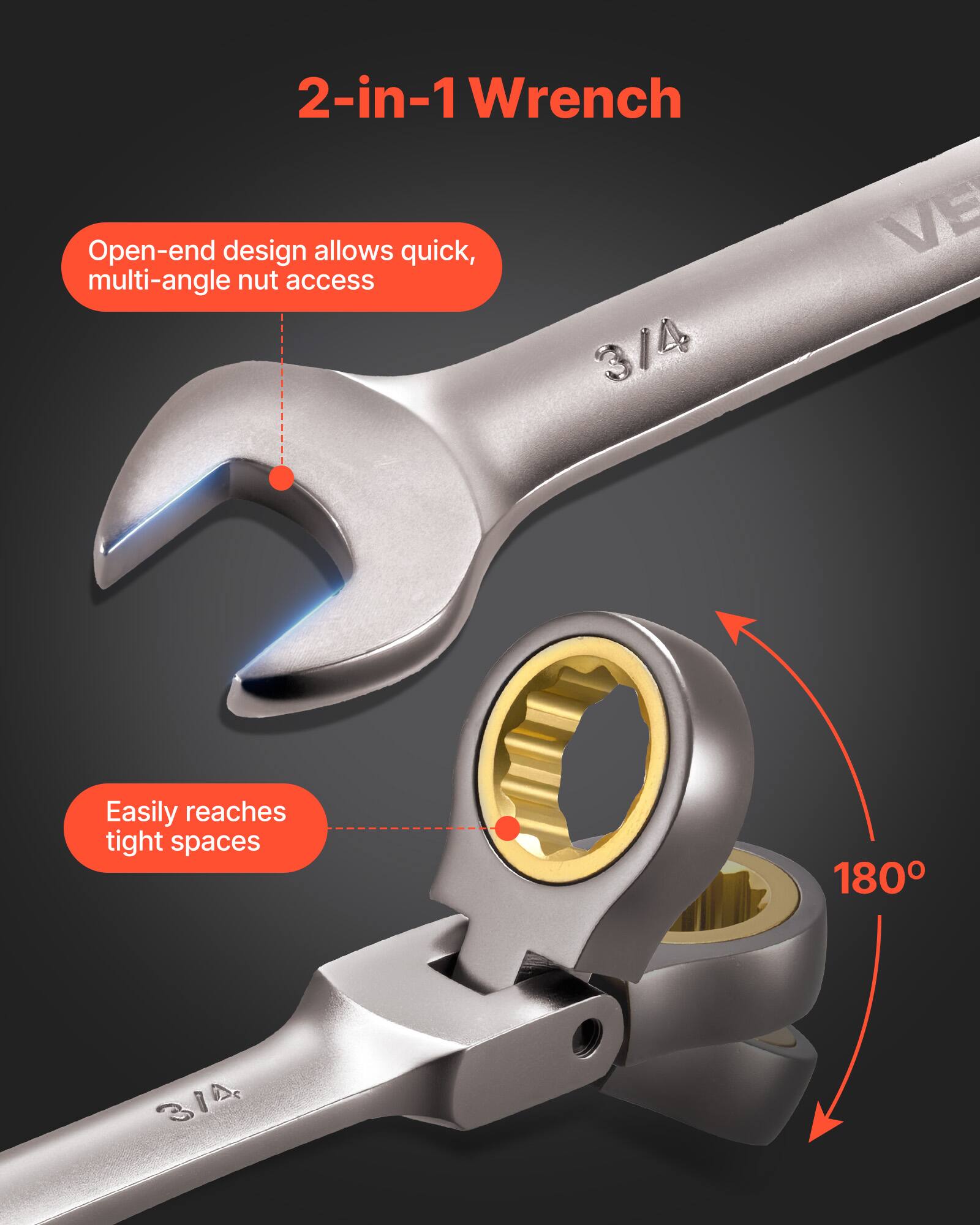 2-in-1 Wrench

Open-end design allows quick, multi-angle nut access

Easily reaches tight spaces

180°