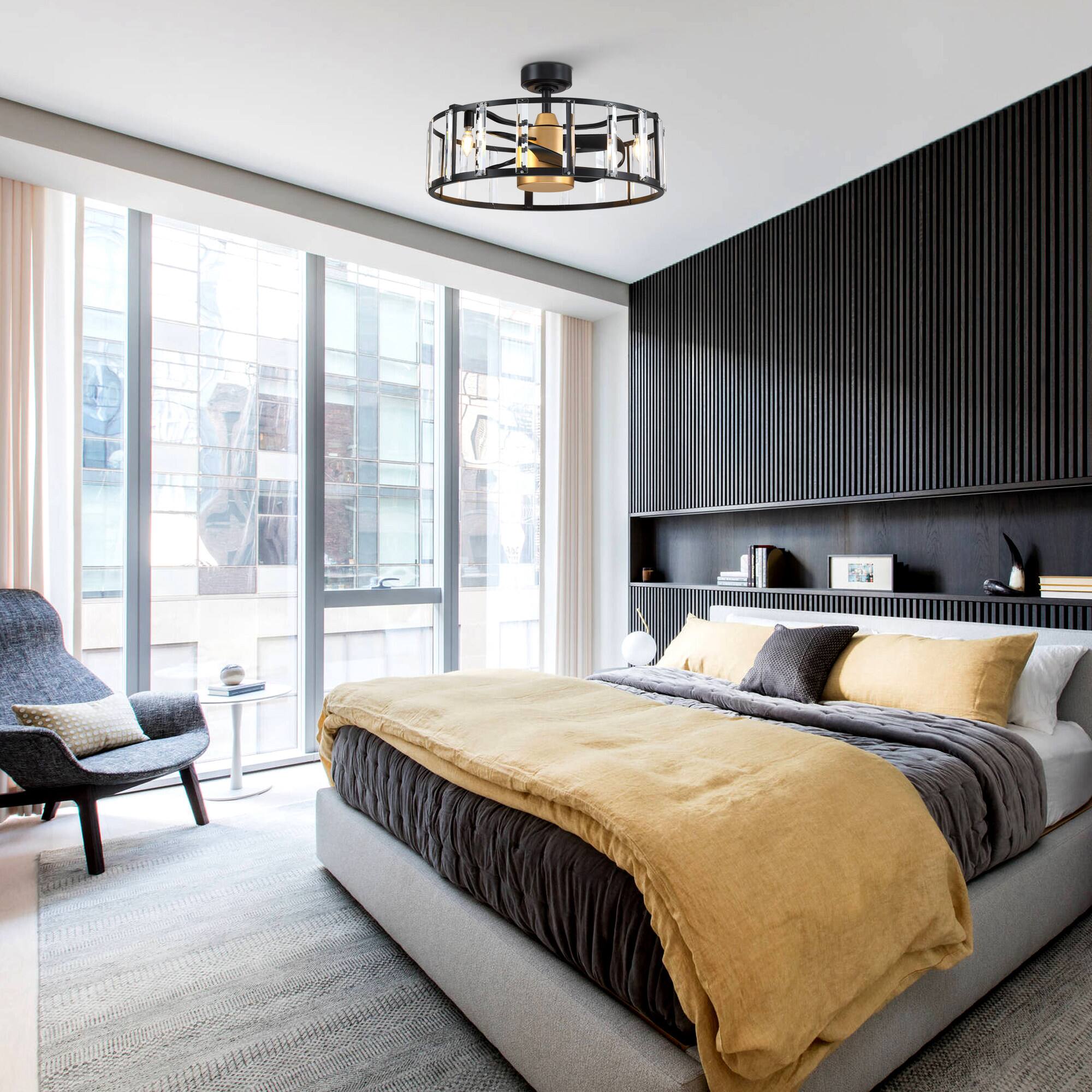 Angle. Parrot Uncle - 26.7 in. Matte Black Modern Caged Crystal Ceiling Fan with Light and Remote - Black.