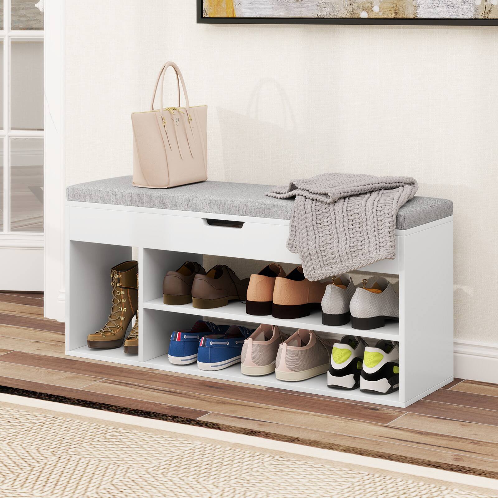 Alt View 3. Gymax - Gymax Shoe Bench Home Entryway Shoes Storage Bench w/ Padded Seat & Hidden Storage White - White, Grey.