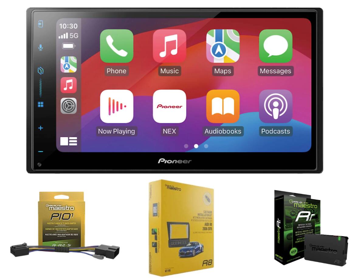 10:30  
5G  
Phone  
Music  
Maps  
Messages  
Now Playing  
NEX  
Audiobooks  
Podcasts  

Pioneer  
maestro PIO  
maestro R-R2S  
maestro A8  
maestro AR  
Installation Kit  
AUDI R8  
2008-2015