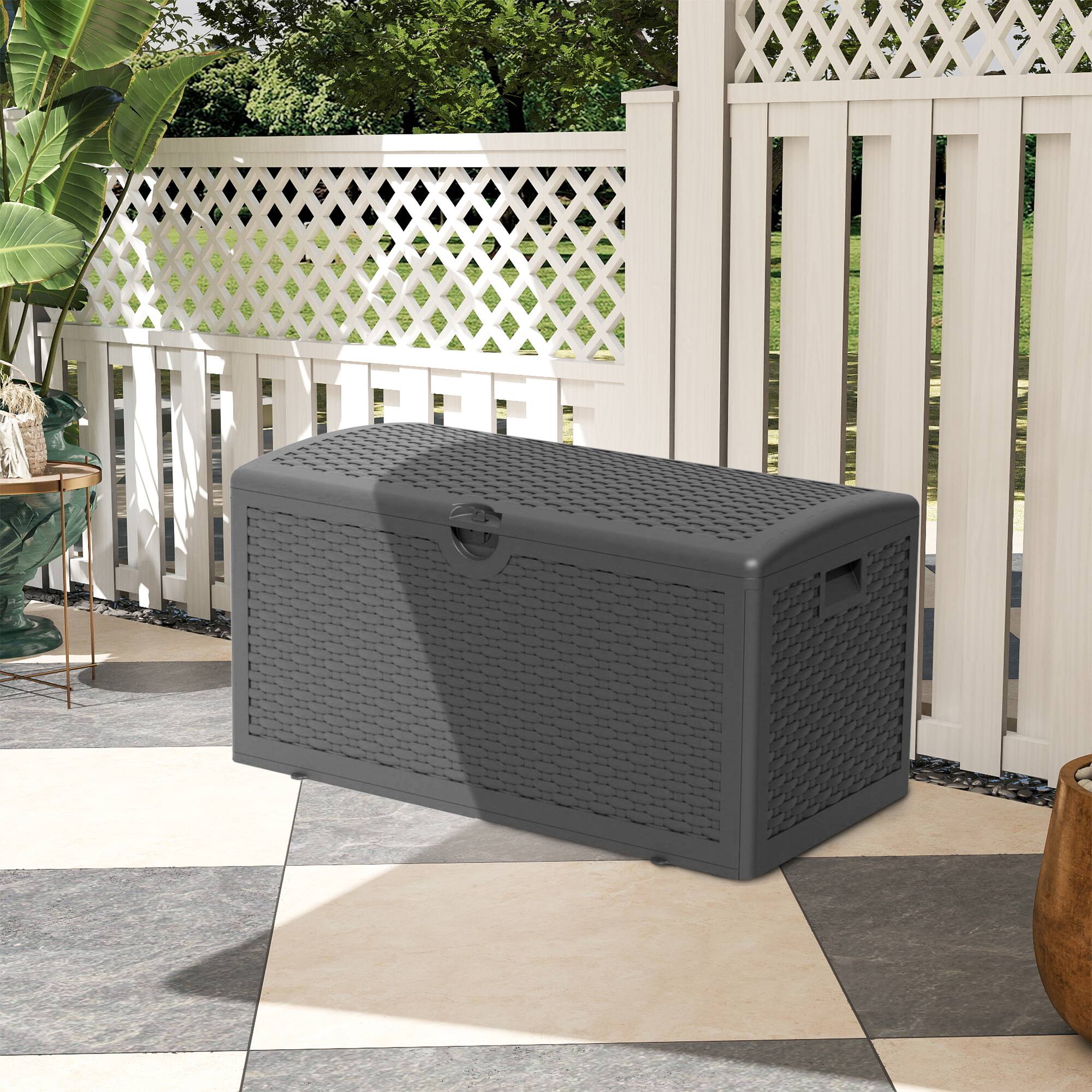 Angle. Yardgrace - 90 Gallon Outdoor Storage Box All-Weather Lockable Multi-Purpose Deck Box for Storage,Resin - 90 Gallon Black.