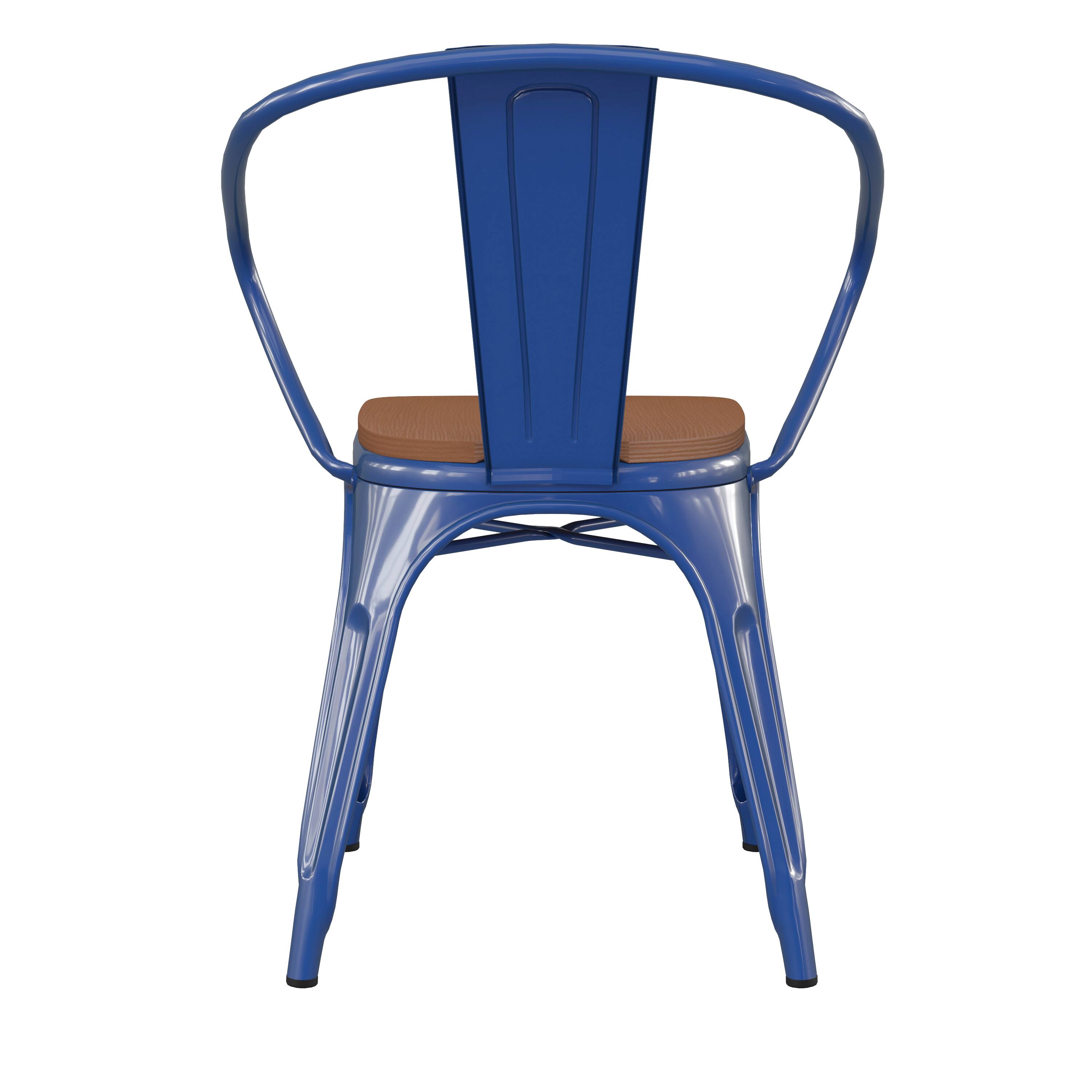 Alt View 8. Emma + Oliver - Alva Metal Indoor-Outdoor Stacking Chair with Vertical Slat Back, Arms and All-Weather Polystyrene Seat - Teak Seat/Blue Frame.