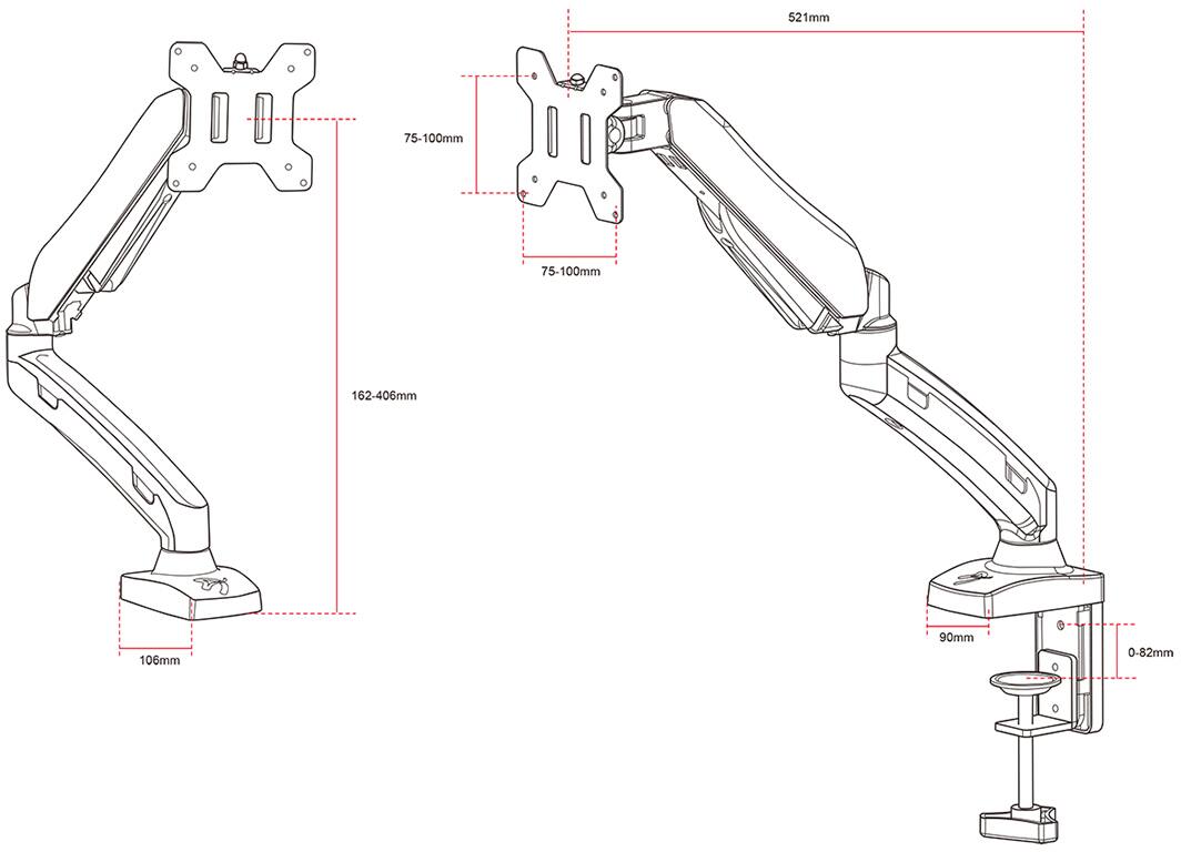 162-406mm, 75-100mm, 75-100mm, 106mm, 90mm, 0-82mm