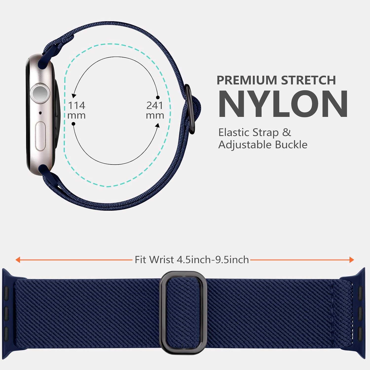 114 mm  
241 mm  
PREMIUM STRETCH NYLON Elastic Strap & Adjustable Buckle  
Fit Wrist 4.5inch-9.5inch