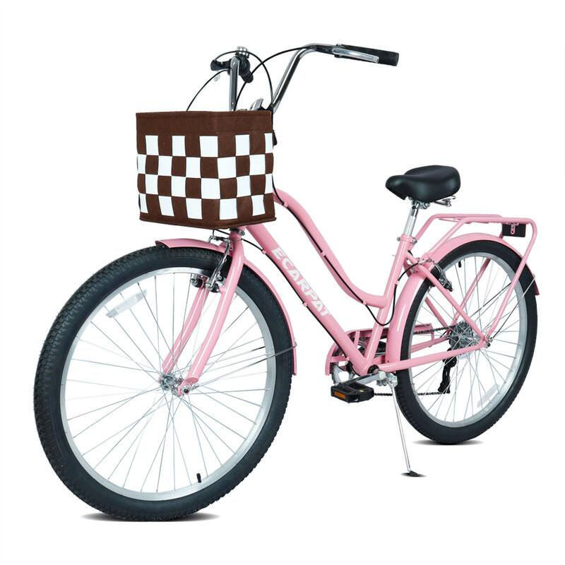 HTUTWOO - 26 " City Commuter Bike - 7-Speed Drivetrain Urban Bicycle, Steel Frame, Alloy Wheels, V-Brake System, Lock & Basket - Pink