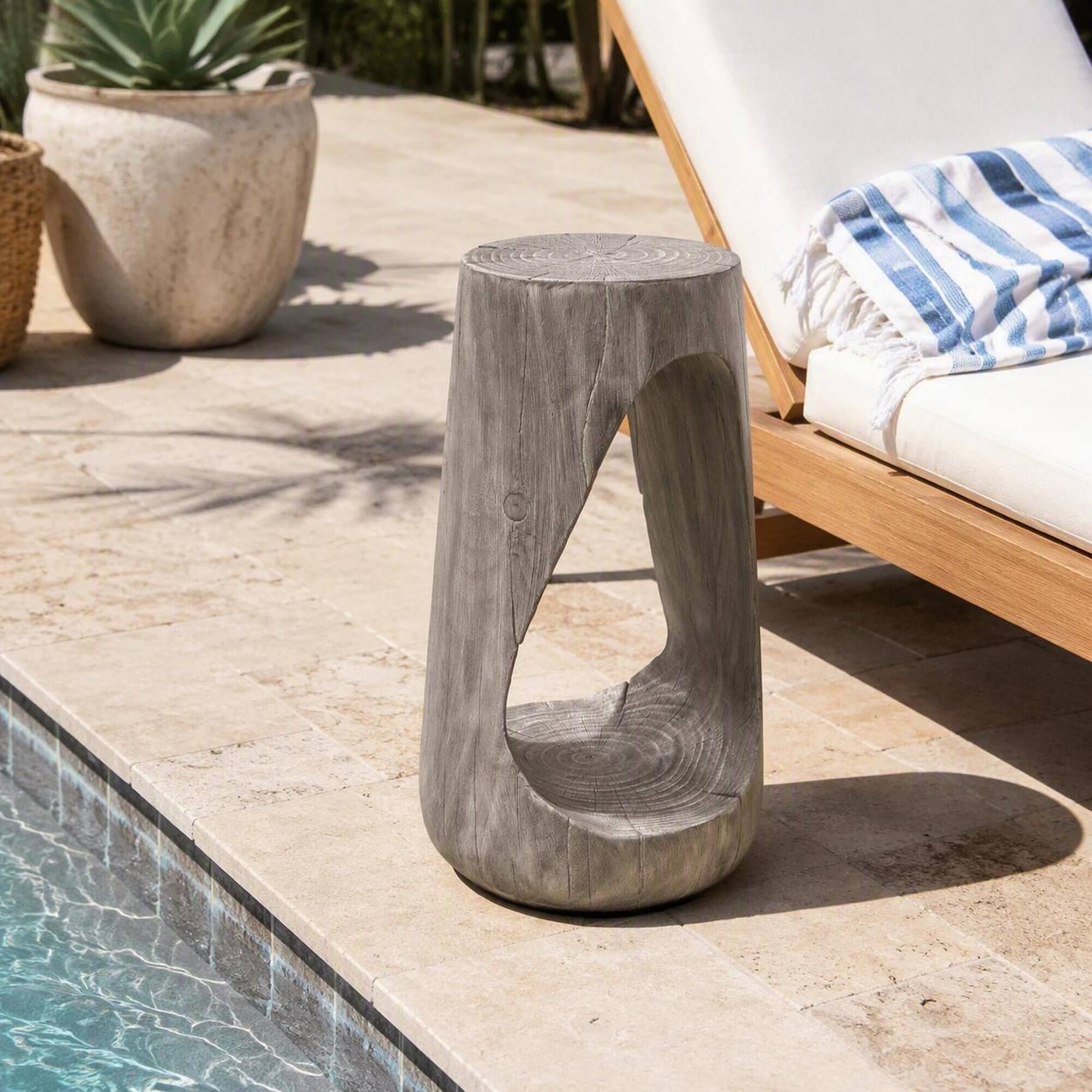 Alt View 1. RYHNUYNE - Outdoor Side Table with Wood-Grain Finish, Hollow Design Accent Stool for Patio Balcony Poolside - Gray.