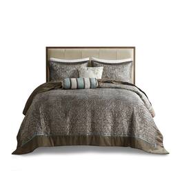 Gracie Mills - Thornton 5-Piece Reversible Jacquard Bedspread Set with Throw Pillows - Blue/Brown