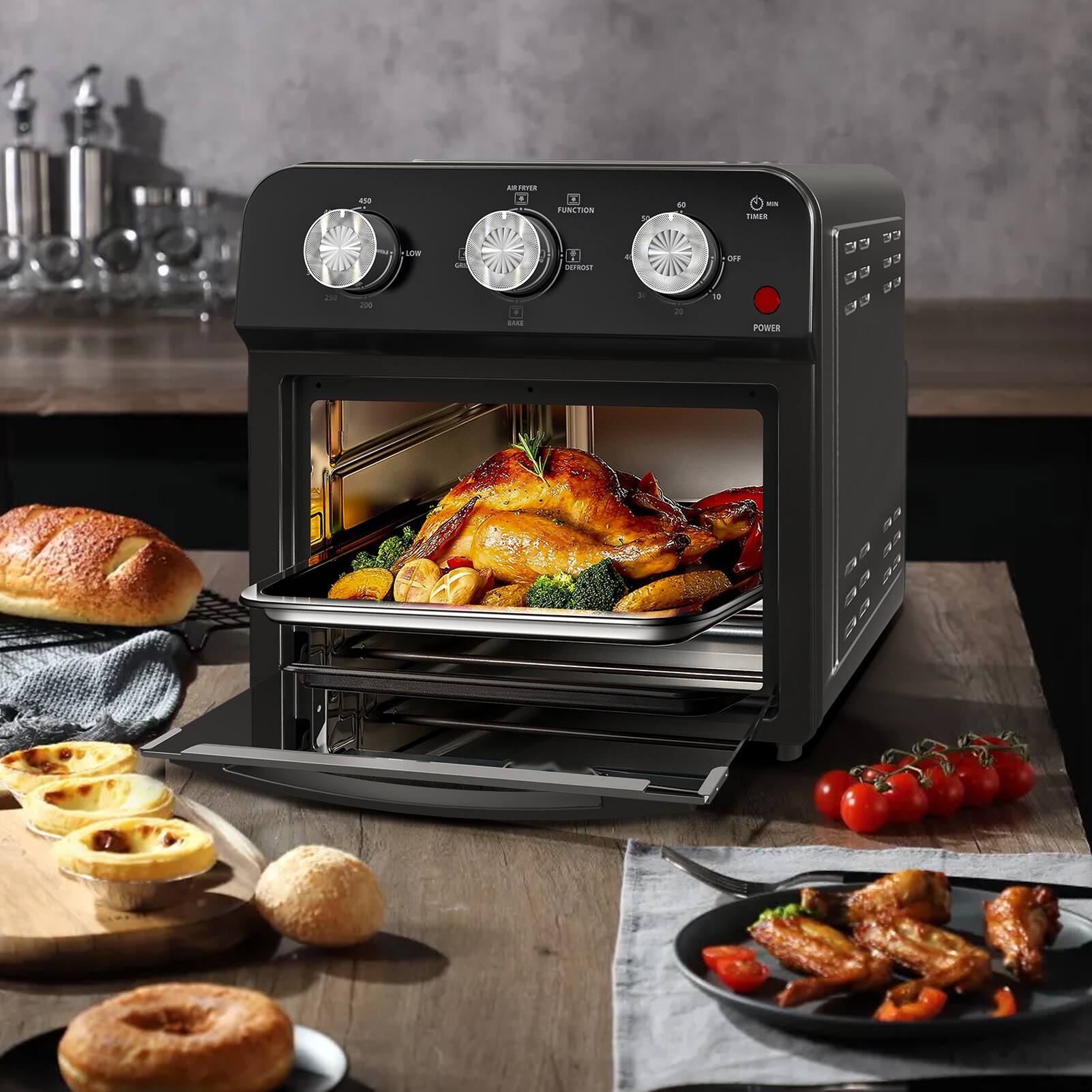 - Function
- Timer
- Power
- Air Filter
- Defrost
- Oven
- Grill
- Bake
