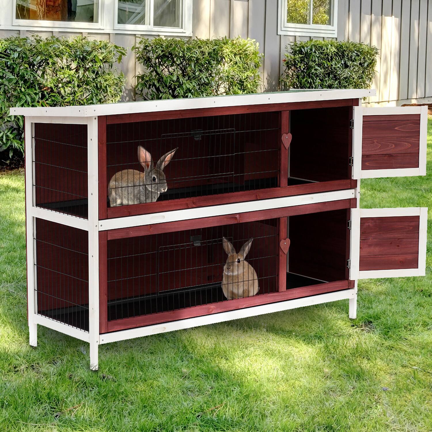 Alt View 1. Pawhut - 54" 2-Story Weatherproof Stackable Elevated Wooden Rabbit Hutch with Enclosed Run and Pull-Out - Brown.