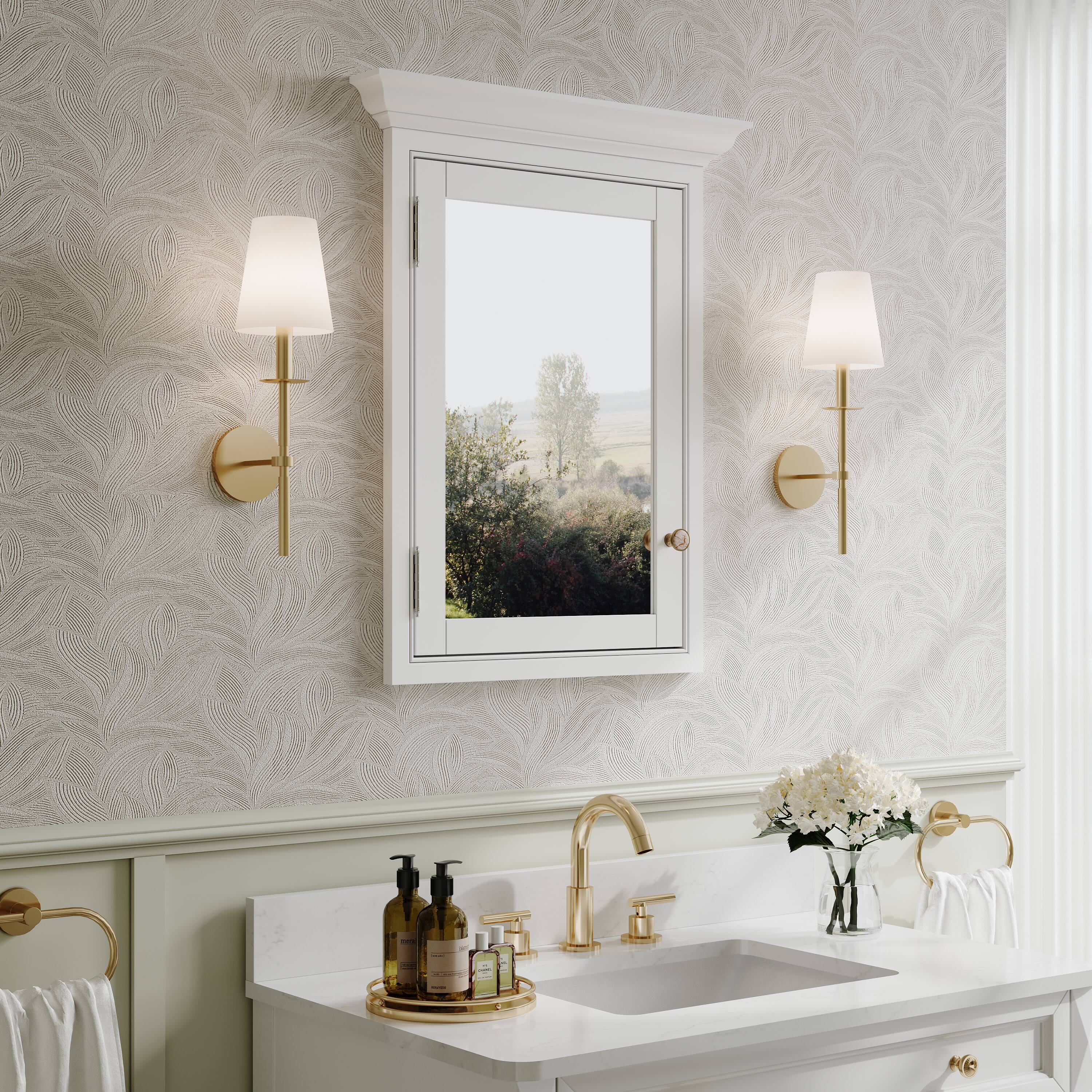 Left. WELLFOR - 24 in. W x 30 in. H Rectangular Recessed Solid Wood Bathroom Medicine Cabinet with Mirror, Bi-view Glass Magnetic Door - White.