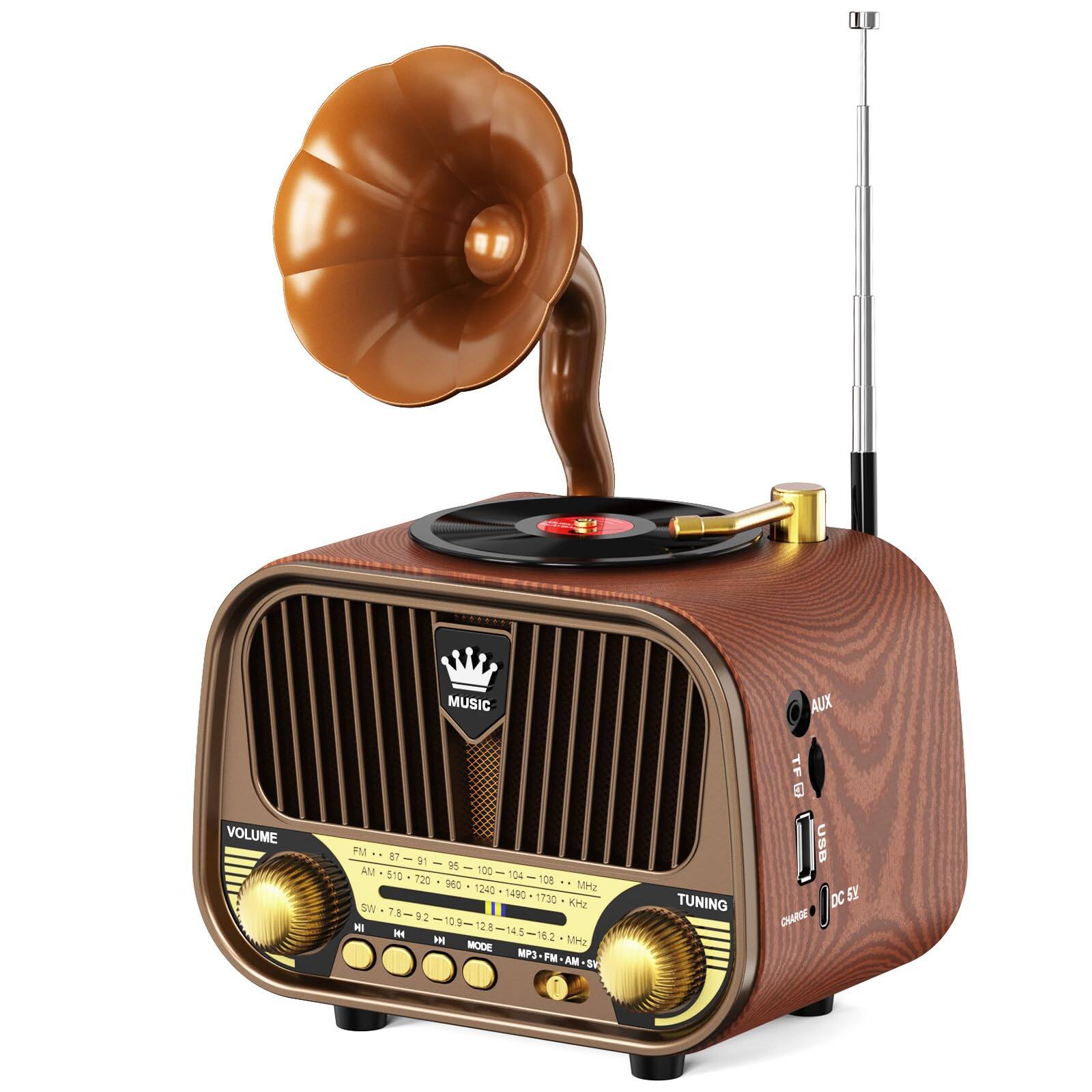 Dazzed Corner - Portable Radio AM FM SW Bluetooth, Retro Radios,USB Rechargeable - Brown
