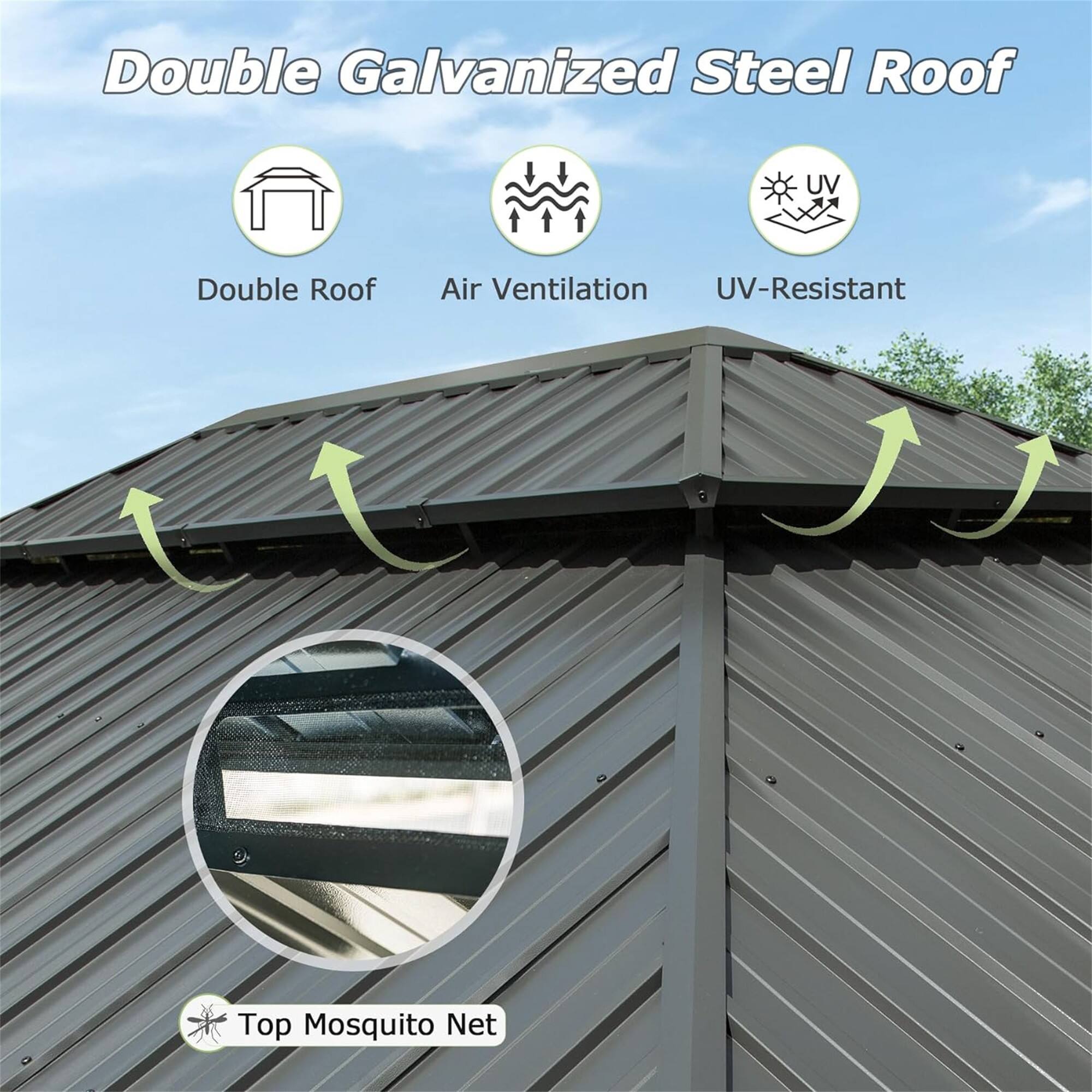 Double Galvanized Steel Roof

- Double Roof
- Air Ventilation
- UV-Resistant
- Top Mosquito Net
