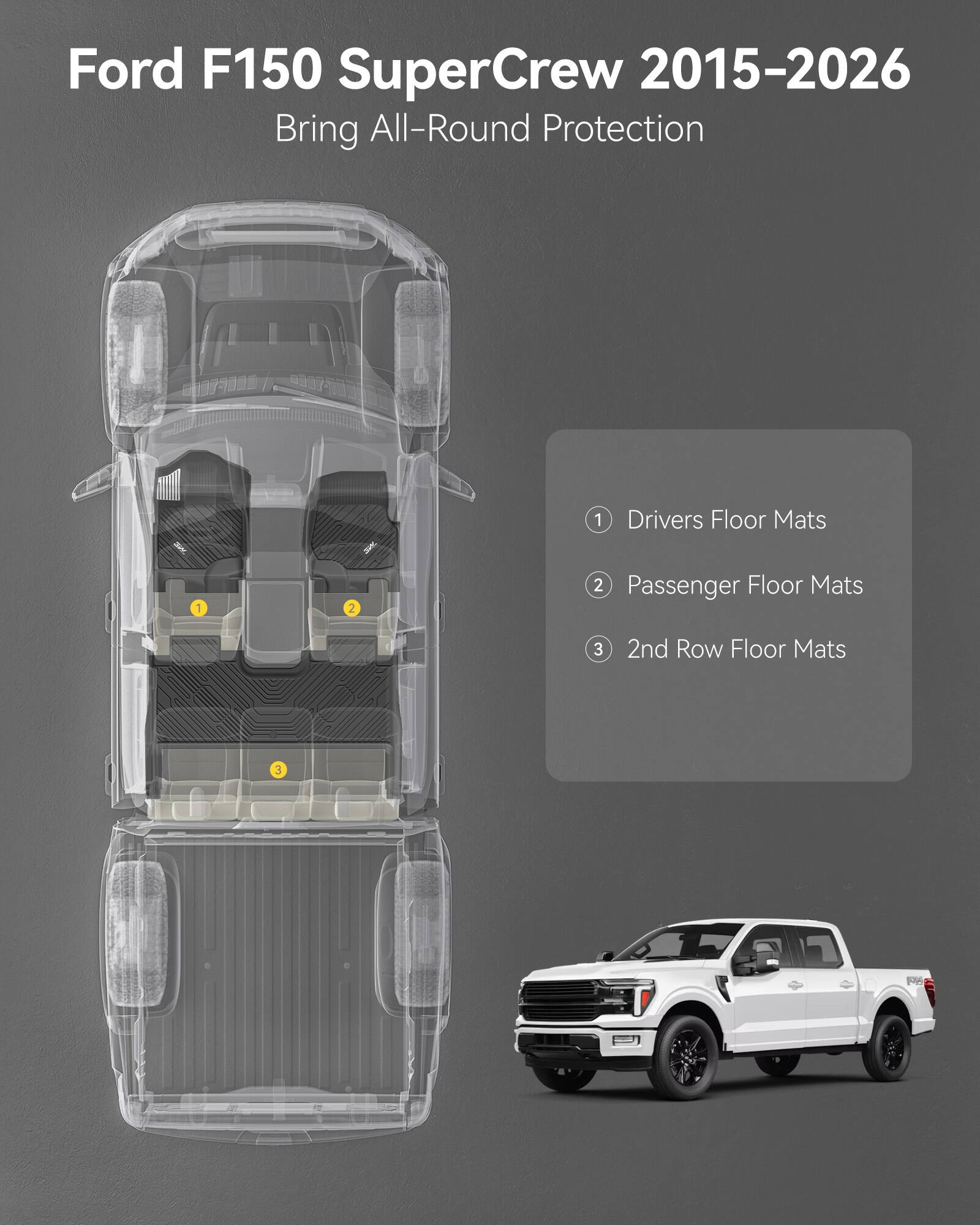 Ford F150 SuperCrew 2015-2026  
Bring All-Round Protection

1. Drivers Floor Mats
2. Passenger Floor Mats
3. 2nd Row Floor Mats