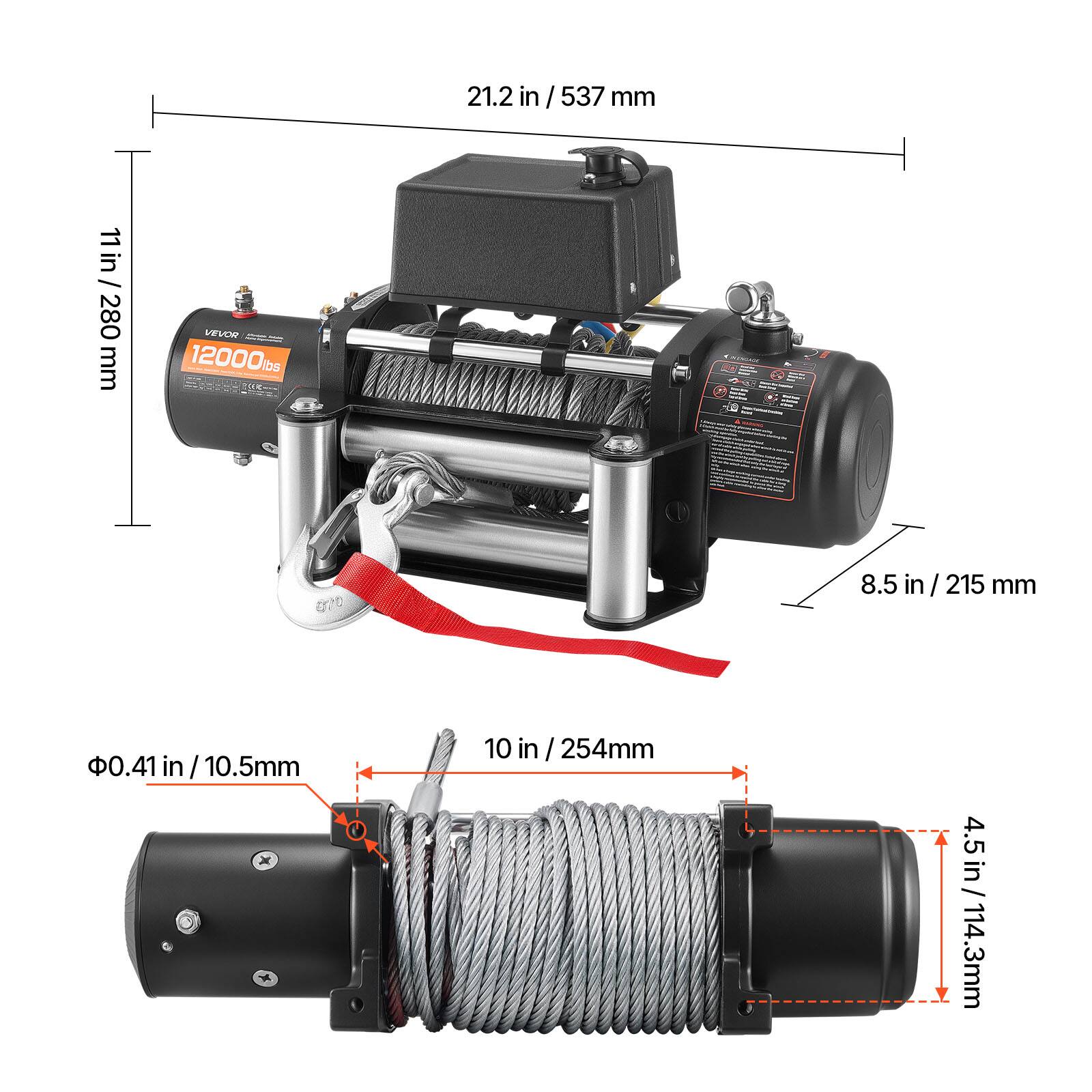 21.2 in / 537 mm  
11 in / 280 mm  
VEVON 12000 lbs  
8.5 in / 215 mm  
0.41 in / 10.5 mm  
10 in / 254 mm  
4.5 in / 114.3 mm