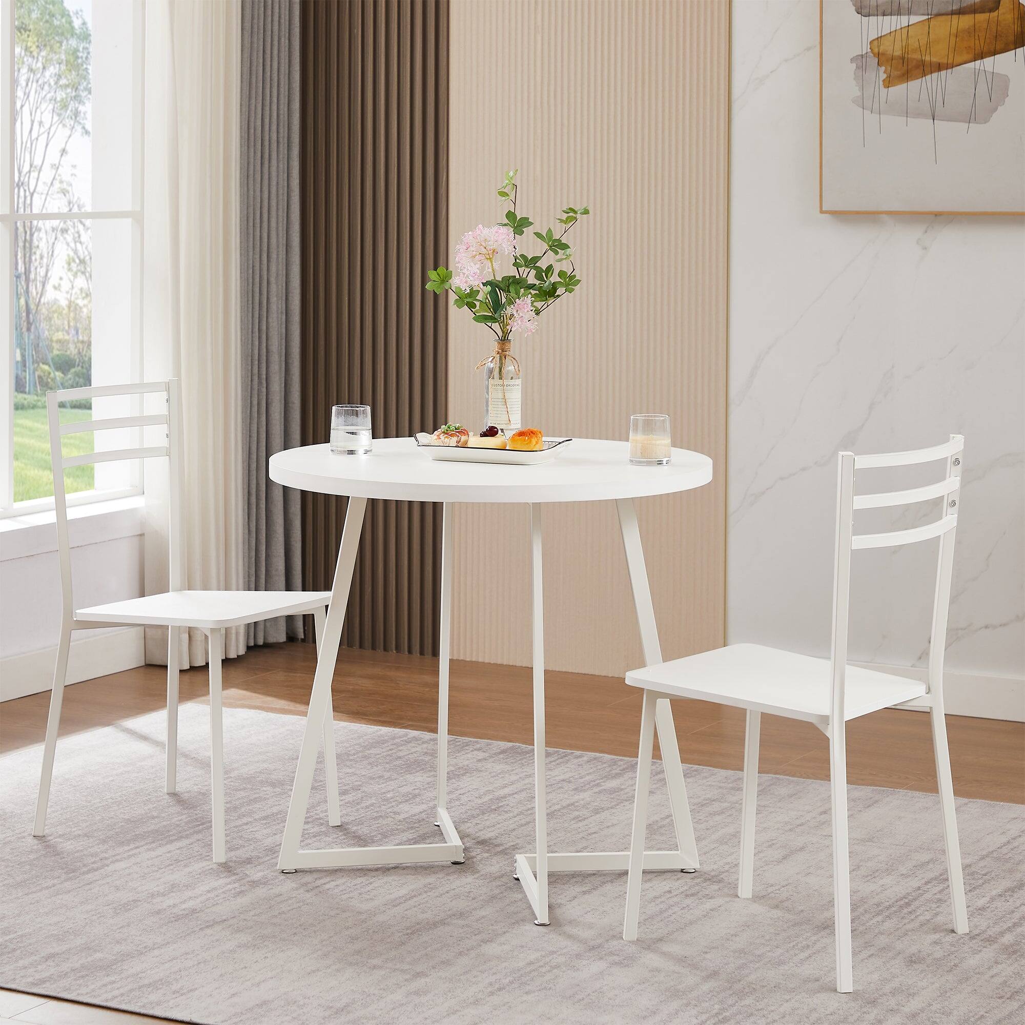 Alt View 4. Vecelo - Modern 3 Piece Round Dining Table Set for 2, Faux Marble Top, Metal Frame, Space-Saving Kitchen Table Set - White.